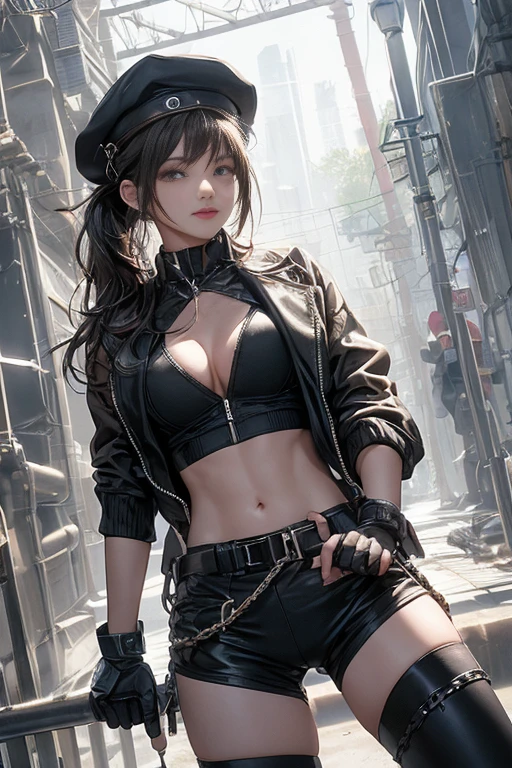 ubel,dark green hair,long hair,side ponytail,hair between eyes,bangs,  (beret, black jacket, open clothes, cleavage, midriff, black shorts, black thighhighs, thigh strap, fingerless gloves, single glove:1.2), Photo,sharpness, F1.6 lens,hyper-realistic textures,spectacular light textures, Cinestil 800 Fashion Mechanics,(((Beautiful girl:1.1)),Appearance,Beautiful girl with accentuated slender abs: 0.8,six-pack abs: 1.0, Bust Botox,Standing on tiptoe, long legs,Long brown hair fluttering in the wind,Brown hair, Long hair, Female batle Costume,(No panties,No bra),(tacticul battle fashion, tacticul battle fashion, battle glove: 1.1),((cute batre costume)),The belly comes out and the navel is visible,Thin pubric hair, combat gloves,shredded costumes,cyber long combat boots with golden knee pads,Anatomical,(futuristic sci-fi battle fashion, new elbow and knee cyberpads, new cyberlong boots, new cybergloves: 1.1),(tied perfectly by iron chain), Restraint, Slave, collars, contempt, (Chained), 4 chains hung from heaven, Metallic shackles and fetters, wet crotch clearly visible,((Hands are restrained above the head)), the neck is chained,Chain from left knee to heaven,Chained by rusty iron chains,((the tip is protruding, areolas protruding,The shape of the pubic area is clearly visible:1.2)),Sweating,Wet,Wet crotch,Wet thighs,Junkyard, Realistic, (cute, perfect clothes, skimpy clothes, cute: 1.3) ,Vast miritary base in us,((wide mirtary hospital with summer sunlight)), peeling ceilings, Rebar between, Realistic material details, Extreme details, Ultra-realistic materials,narrow waist,(with sparkling eyes and a contagious smile:0.9),looking at viewer,