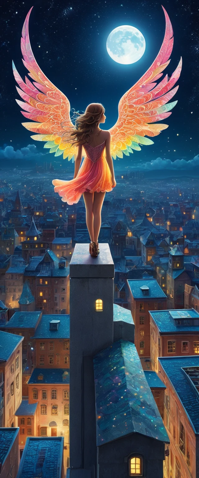 A winged girl standing on the roof of a concrete building,Angel:15 years old,The night cityscape spreads out below,Night view,Starry Sky,full moon,fashionable,trendy,An illustration,,dream-like,Fantasy,Intricate details,ColorAn illustration,Zentangle Elements,rendering,colorful,Cast a colorful spell,Wide range of colors,Intricate details,rendering,,masterpiece,The highest masterpiece,highest quality,Beautiful light and shadow,