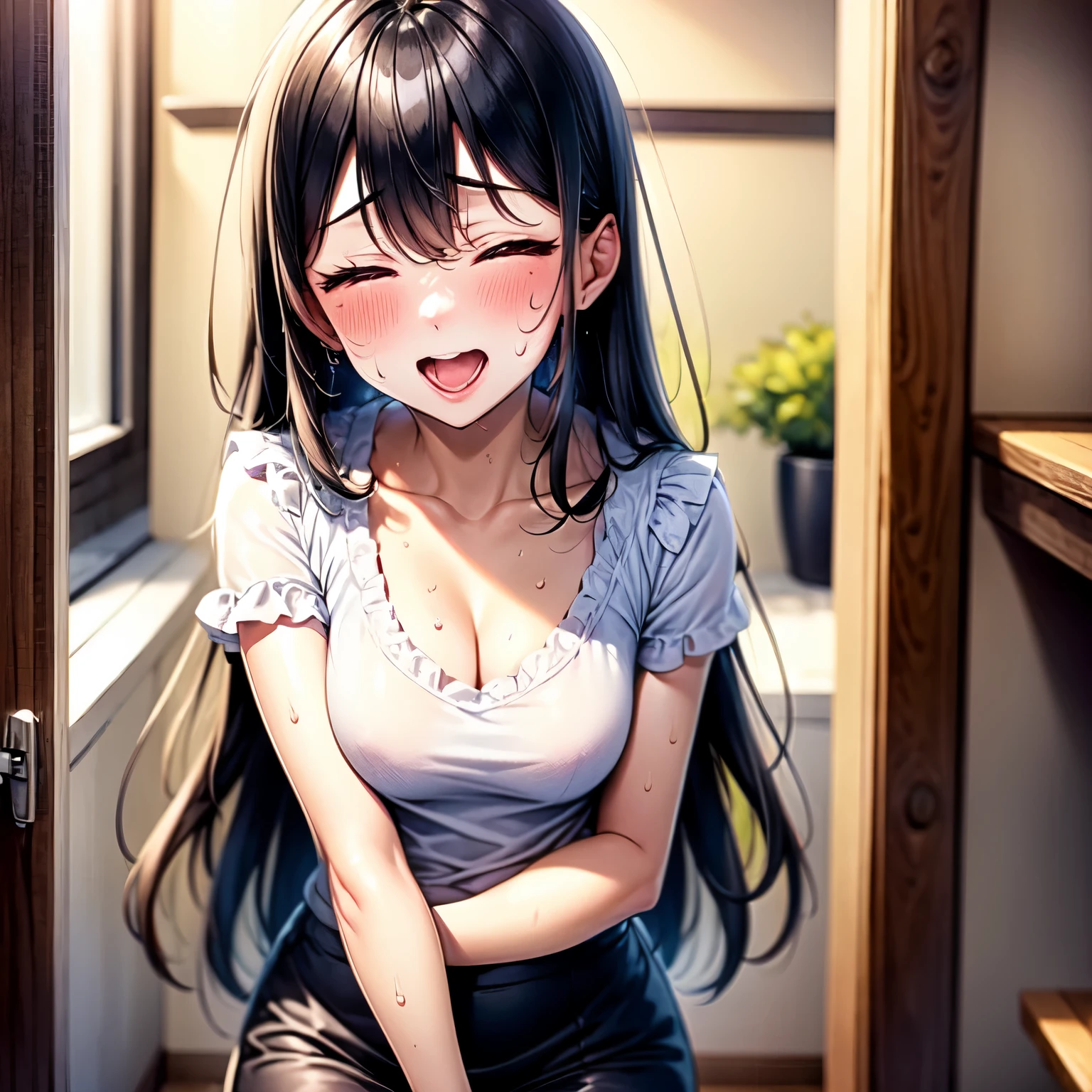 Anime girl with long black hair and glasses posing in a doorway - SeaArt AI