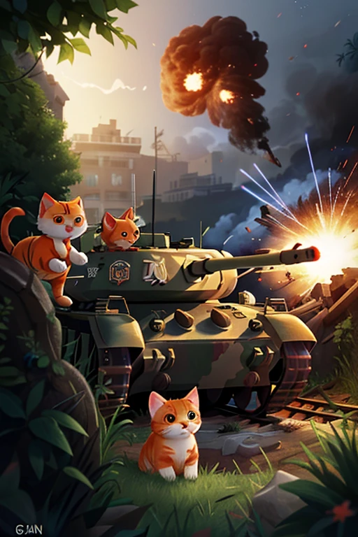 With explosions on the horizon, there are cat soldiers in a trench with guns on their shoulders. Tanks are coming on both sides, and generals are shouting orders
