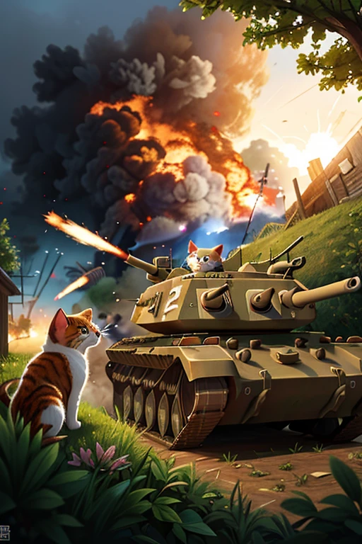 With explosions on the horizon, there are cat soldiers in a trench with guns on their shoulders. Tanks are coming on both sides, and generals are shouting orders
