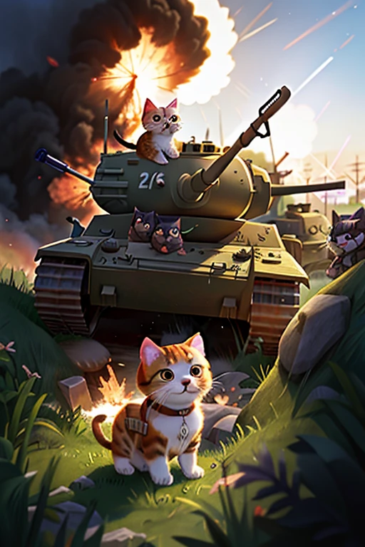 With explosions on the horizon, there are cat soldiers in a trench with guns on their shoulders. Tanks are coming on both sides, and generals are shouting orders
