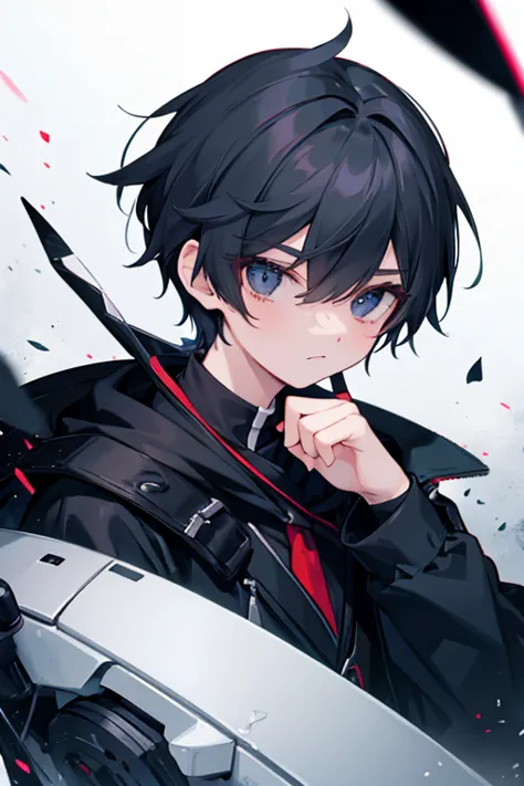 1 boy, short black hair (with two longer strands on both sides of the face), black eyes, black clothes