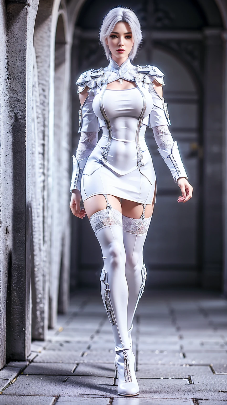 8k, HDR, ultimate-realistic texture, sharp texture, highres, best quality. Futuristic character, Full body, tall and fit body, short hair, white hair, wearing uniform with white lace, wearing white lace stockings and high heels, standing in the castle.