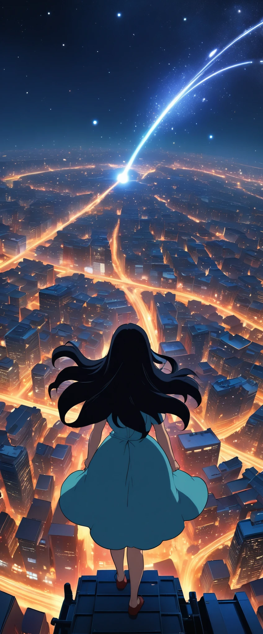(Ghibli-Stil:1.5)，1 Frau，(Prinzessinenkleid、lange Haare、Draufsicht)，Erstaunliche Aussicht auf die Stadt，Hintergrund Stadt Nacht， Auf dem Dach stehen， mutig，Meteorschauerodern