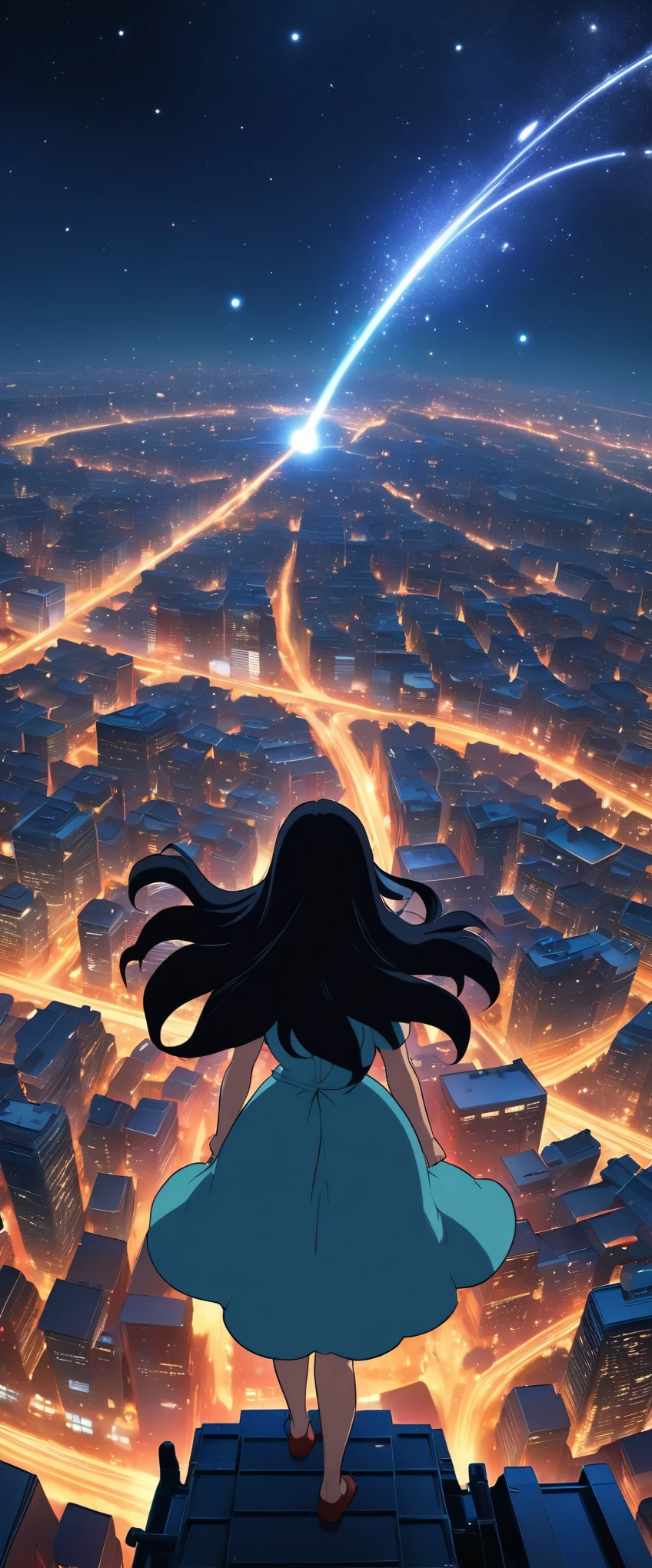 (Estilo Ghibli:1.5)，1 mulher，(vestido de princesa、cabelo longo、vista do topo)，Vistas incríveis da cidade，plano de fundo cidade noite， De pé no telhado， corajoso，Chuvas de meteoros，moderno