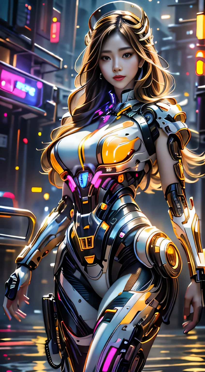 Virtual image,Realistic 8K images,hips up,Masterpiece,Complete Anatomy,Complete dynamic composition,morning sun,Light hits the front,young woman with long brown hair,cybernetic robot((white, yellow, and a red cyberpunk figure.)),Bikini body-white_orange_gold_metal,,white tank top,Abstract city background at night
