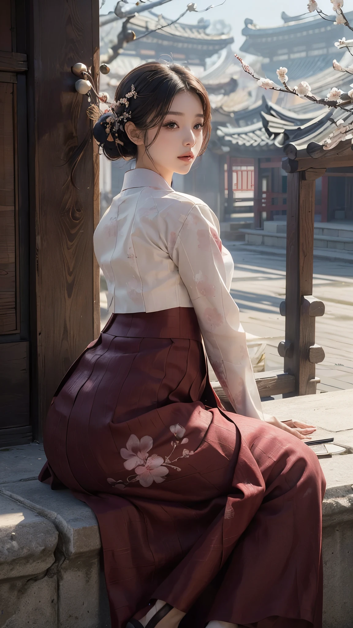 (best quality, 8K, masterpiece: 1.3), ((((((Incredibly huge breasts: 0.8))))), hairpin, (beautiful face:1.3), plum blossom ink painting background,authentic hanbok, Red skirt, The background is a picture, People are due diligence