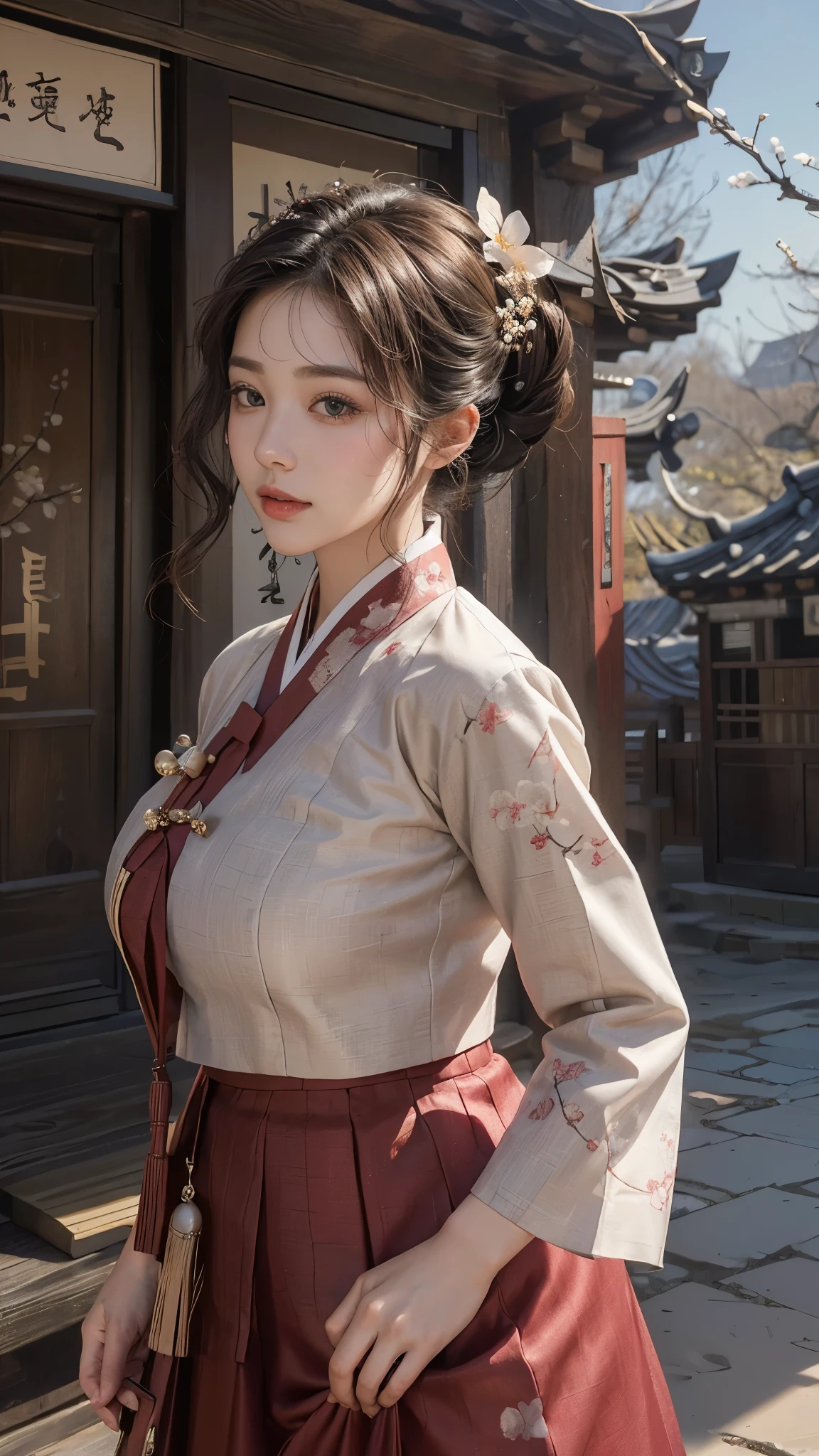 (best quality, 8K, masterpiece: 1.3), ((((((Incredibly huge breasts: 0.8))))), hairpin, (beautiful face:1.3), plum blossom ink painting background,authentic hanbok, Red skirt, The background is a picture, People are due diligence