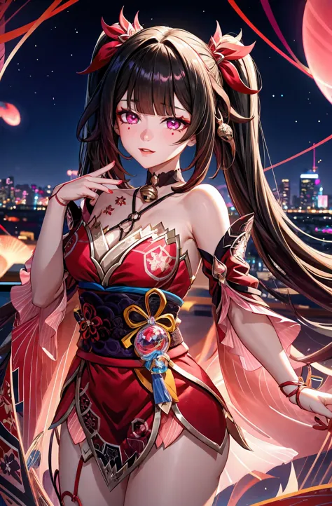 1 girl, beautiful face, perfect body, Sparkle, honkai: star rail, neon city, perfectly drawn hands
