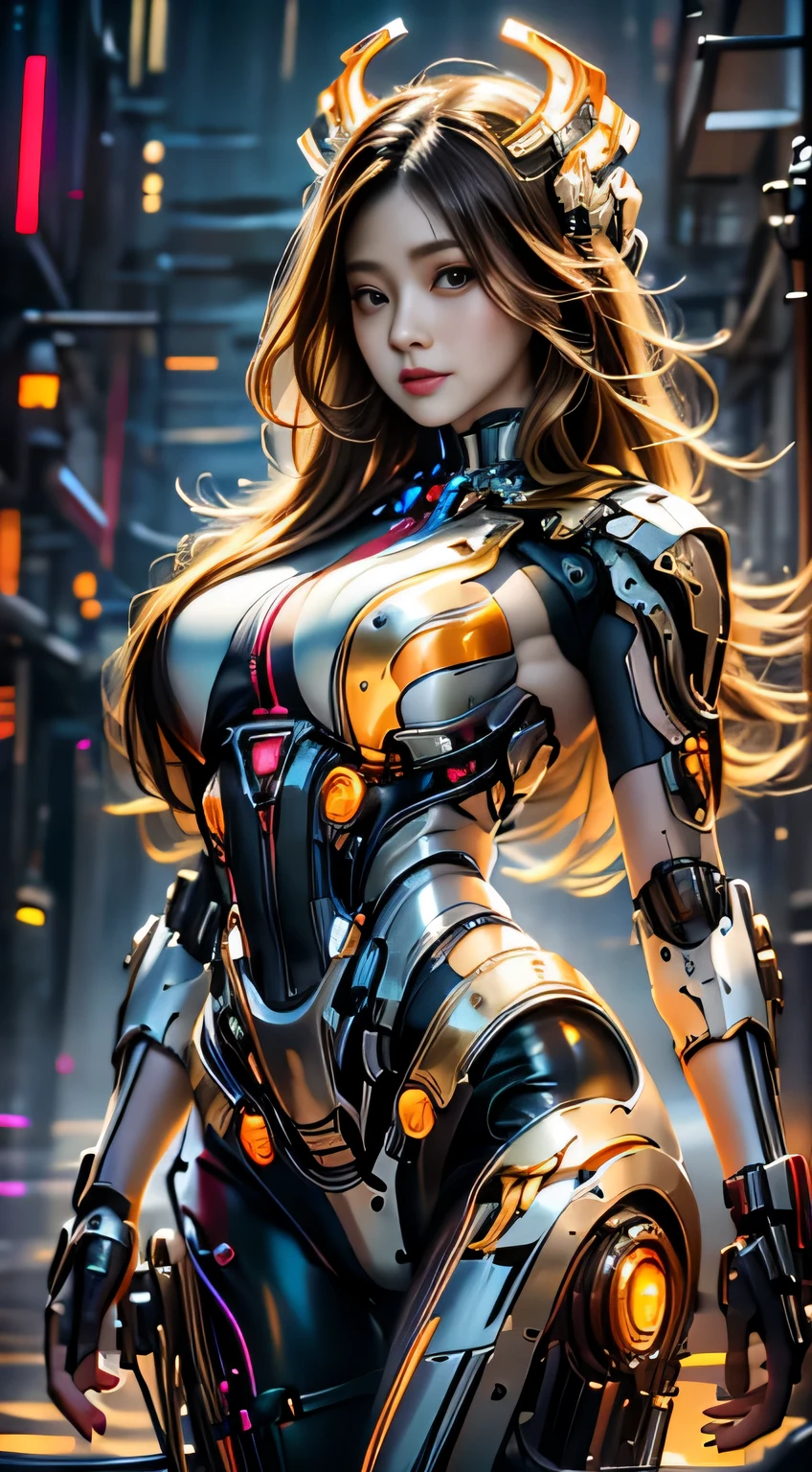 Virtual image,Realistic 8K images,hips up,Masterpiece,Complete Anatomy,Complete dynamic composition,morning sun,Light hits the front,young woman with long brown hair,cybernetic robot((white, yellow, and a red cyberpunk figure.)),Bikini body-white_orange_gold_metal,,white tank top,Abstract city background at night