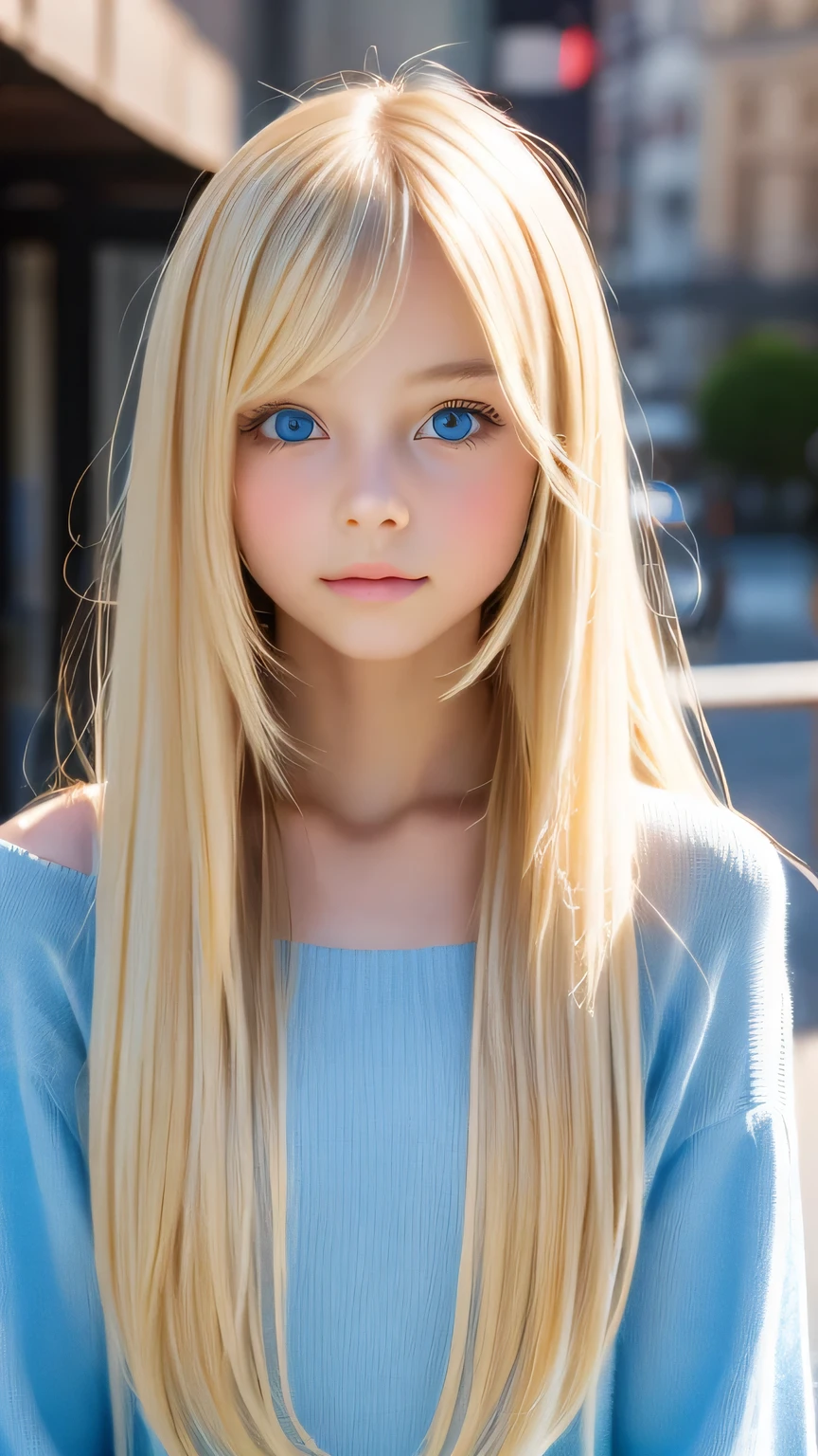 A close up of a young blonde girl with blue eyes - SeaArt AI