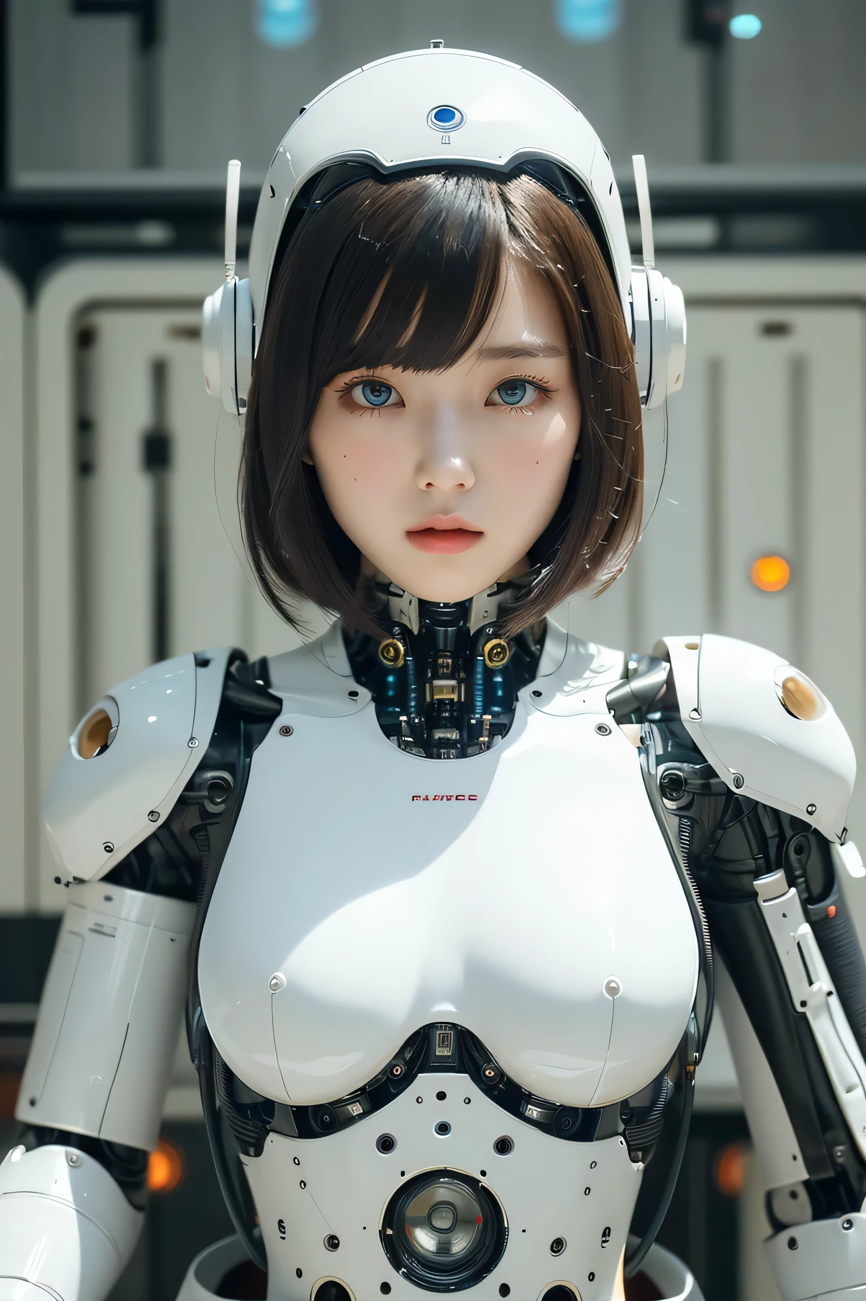 masterpiece, best quality, extremely detailed, portrait,Japaese android girl,Plump,a bit chubby,control panels,android,Droid,Mechanical Hand, ,Robot arms and legs, Black hair,Mechanical body,Blunt bangs,White Robotics Parts,perfect robot woman,Charging spot,Long Tube,A thick cable was connected to her neck,perfect mechanical body,white robotics body,future assembly plant,white body,She has repaired,black sponge joints,android assembly plant,android,laboratory,perfect machine body,white robot body,blue eyes