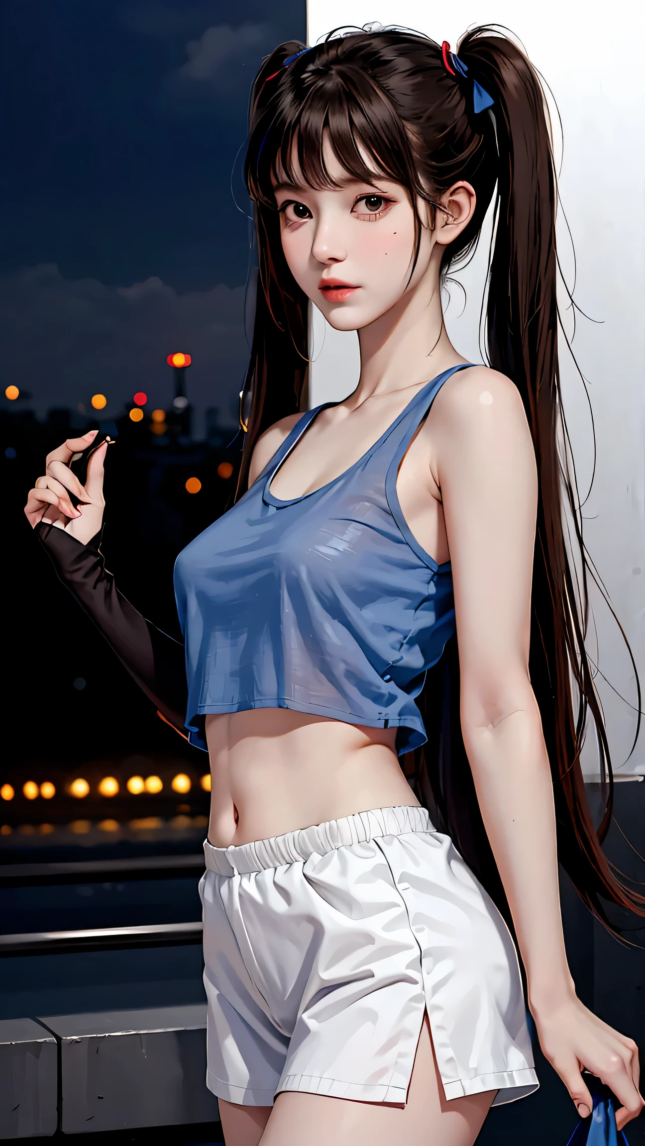 masterpiece, highest quality, One girl, alone, blush, Twin tails, Long Hair, ((See-through streetwear)), Outdoor, night, Movie Posters, Extremely detailed 8K, Smooth, High resolution, super high quality, Cinema Lighting, 16k, Detailed face, Perfect composition, , Atmospheric lighting, Very sexy,(Large Breasts)，Small waist