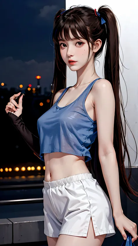 masterpiece, highest quality, One girl, alone, blush, Twin tails, Long Hair, ((See-through streetwear)), Outdoor, night, Movie P...