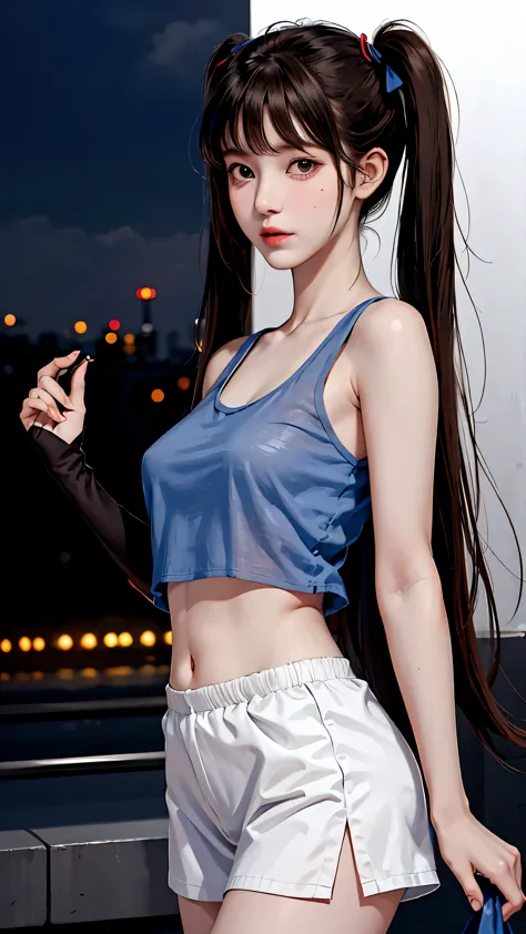 masterpiece, highest quality, one girl, alone, blush, twin tails, long hair, ((see-through streetwear)), outdoor, night, movie p...