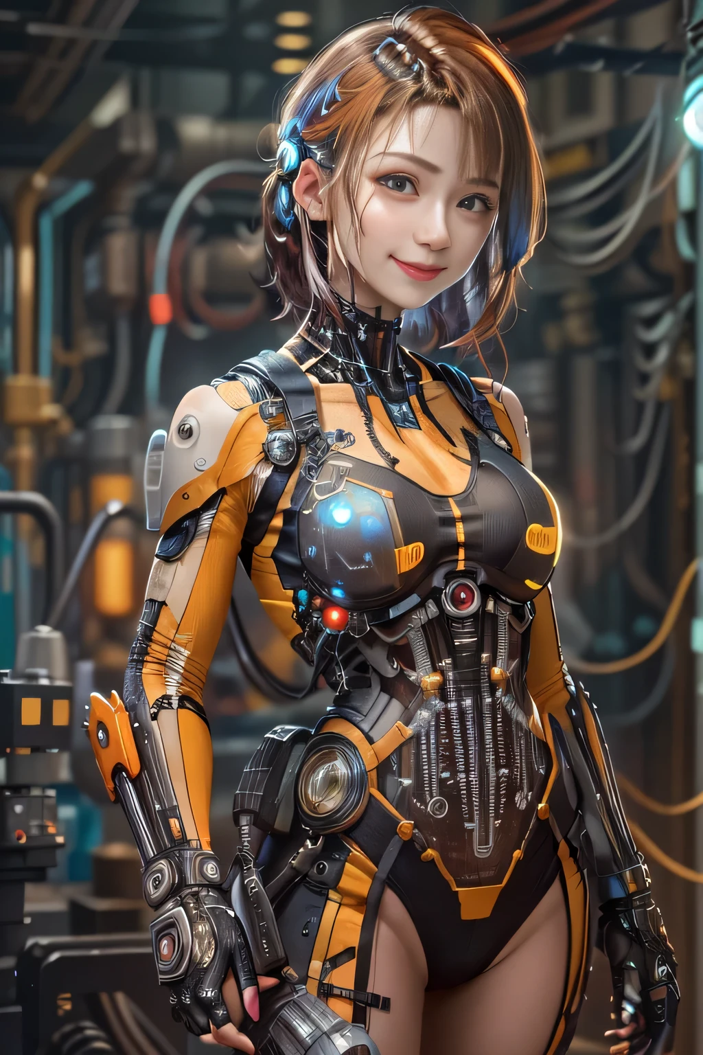 Glowing cyber girl with cybernetic arm,(See-through costume:1.3, )Stand on the post-apocalyptic battlefield.Surrounded by a network of wires. surrounded by circuits. (Cyber girl with a submachine gun:1.3), Shiny light brown and orange striped short hair,Cute Smile,Perfect round face,A bright smile that makes everyone happy,Proper body balance,Tabletop,Ultra-high quality output images,High resolution,Intricate details,Very delicate and beautiful hair,Photo realistic,dream-like,Professional Lighting,Realistic Shadows,Focus Only,Beautiful Hands,Beautiful fingers,Detailed characteristics of the fingers,Detailed garment features,Detailed hair features,Detailed facial features,