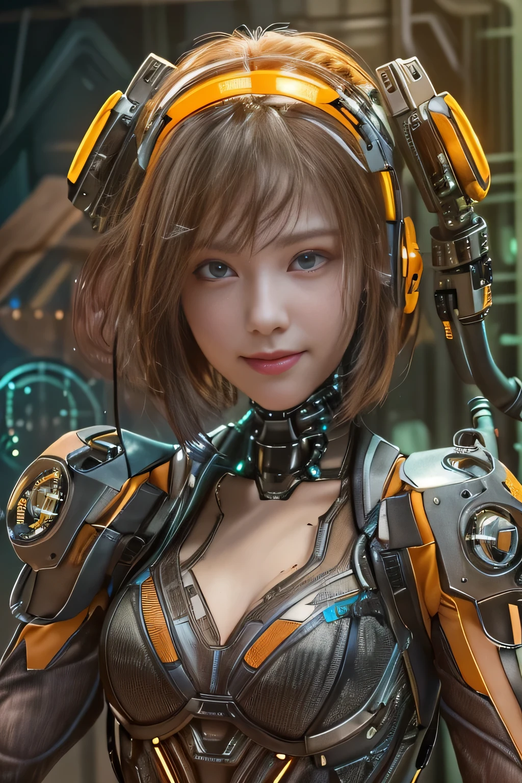 Glowing cyber girl with cybernetic arm,(See-through costume:1.3, )Stand on the post-apocalyptic battlefield.Surrounded by a network of wires. surrounded by circuits. (Cyber girl with a submachine gun:1.3), Shiny light brown and orange striped short hair,Cute Smile,Perfect round face,A bright smile that makes everyone happy,Proper body balance,Tabletop,Ultra-high quality output images,High resolution,Intricate details,Very delicate and beautiful hair,Photo realistic,dream-like,Professional Lighting,Realistic Shadows,Focus Only,Beautiful Hands,Beautiful fingers,Detailed characteristics of the fingers,Detailed garment features,Detailed hair features,Detailed facial features,