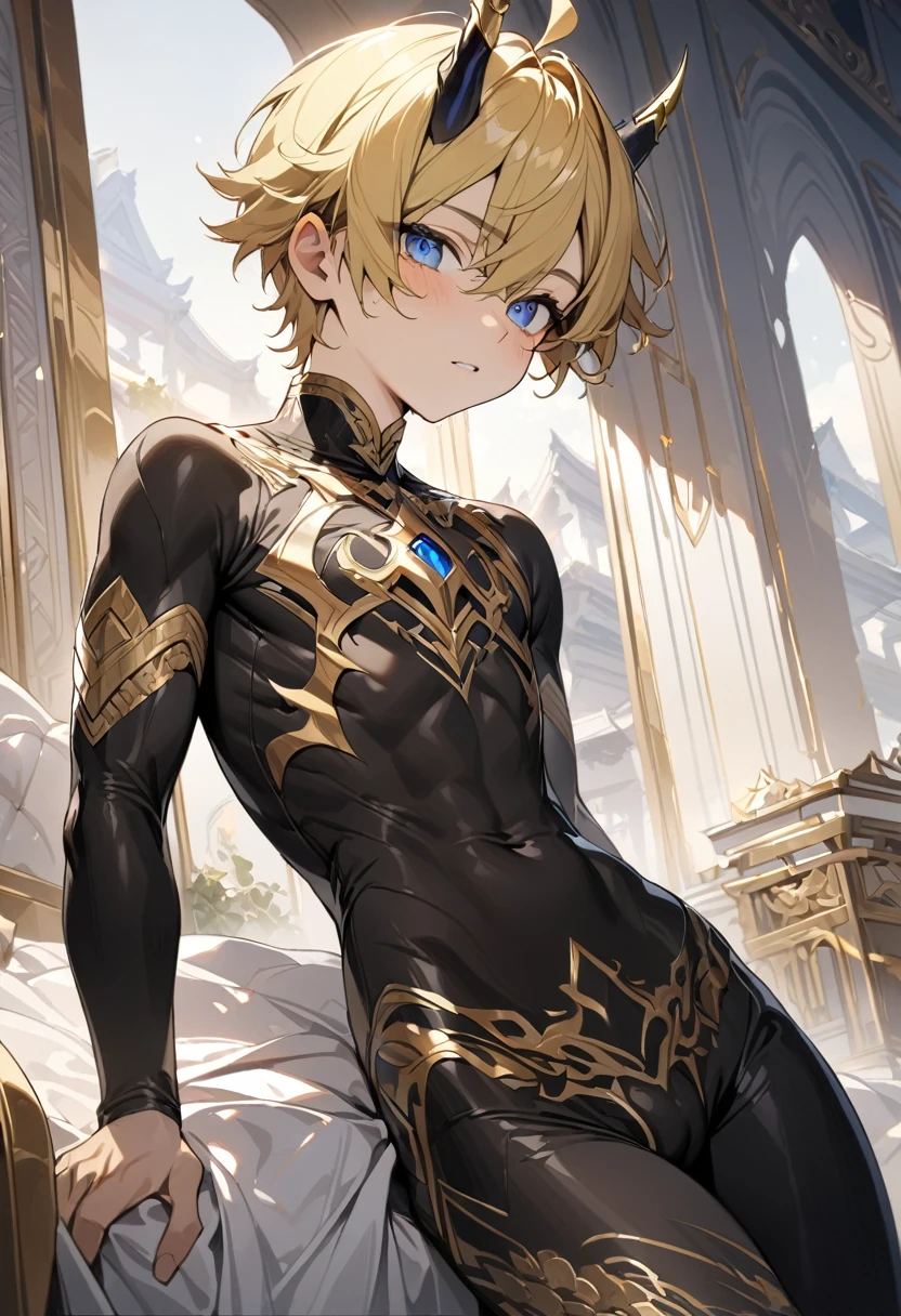 high quality,(best quality,4K,a high resolution,masterpiece:1.2),super detailed,(1 boy),(solo),juvenile,(Male juvenile),handsome and cute boy,yellow hair, black dragon horn, Black bodysuit with golden pattern,blue eye，short hair，single photo,the white temple of light,magnificent palace background
