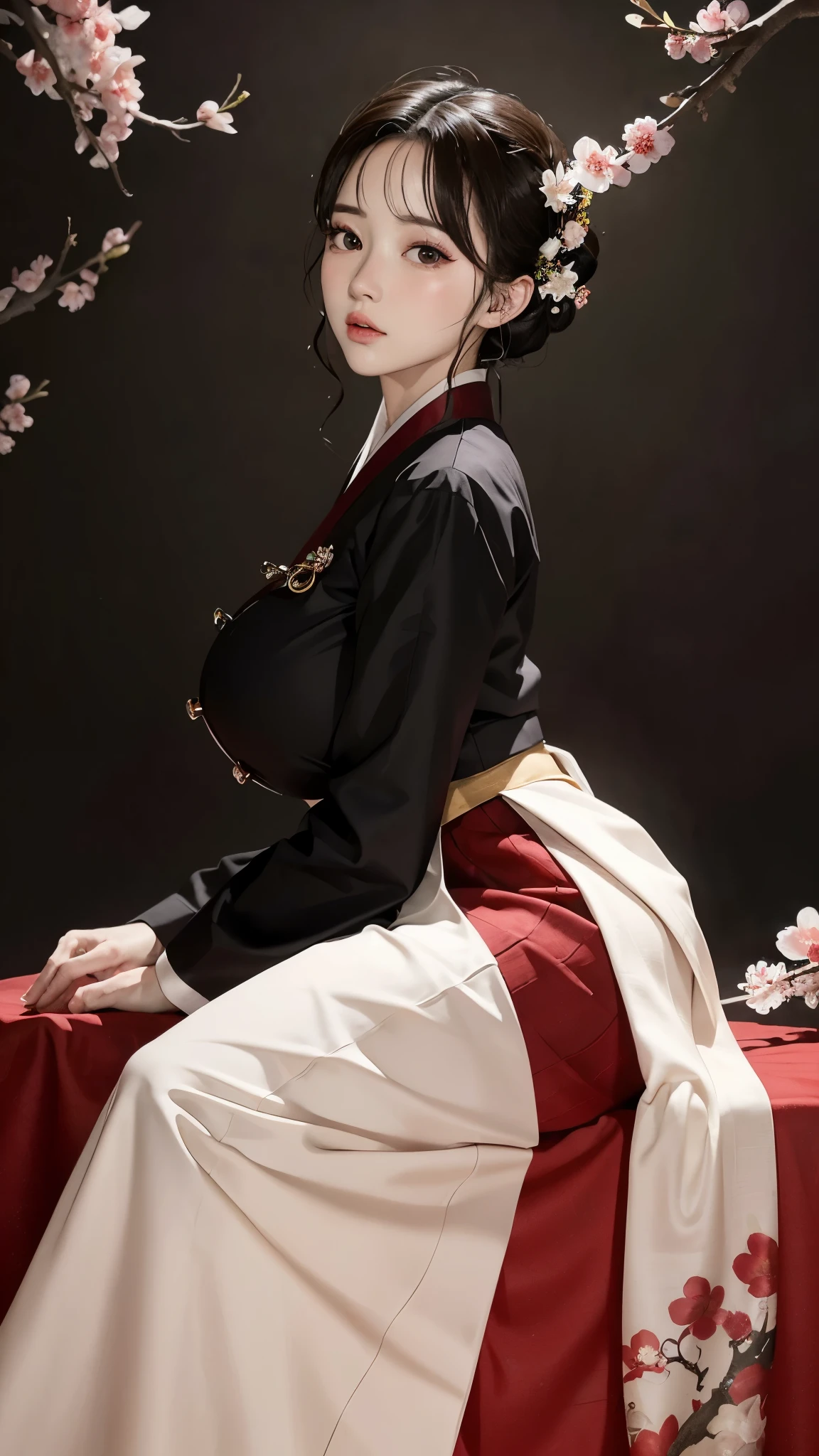 (best quality, 8K, masterpiece: 1.3), ((((((Incredibly huge breasts: 0.8))))), hairpin, (beautiful face:1.3), plum blossom ink painting background,authentic hanbok, Red skirt, The background is a picture, People are due diligence