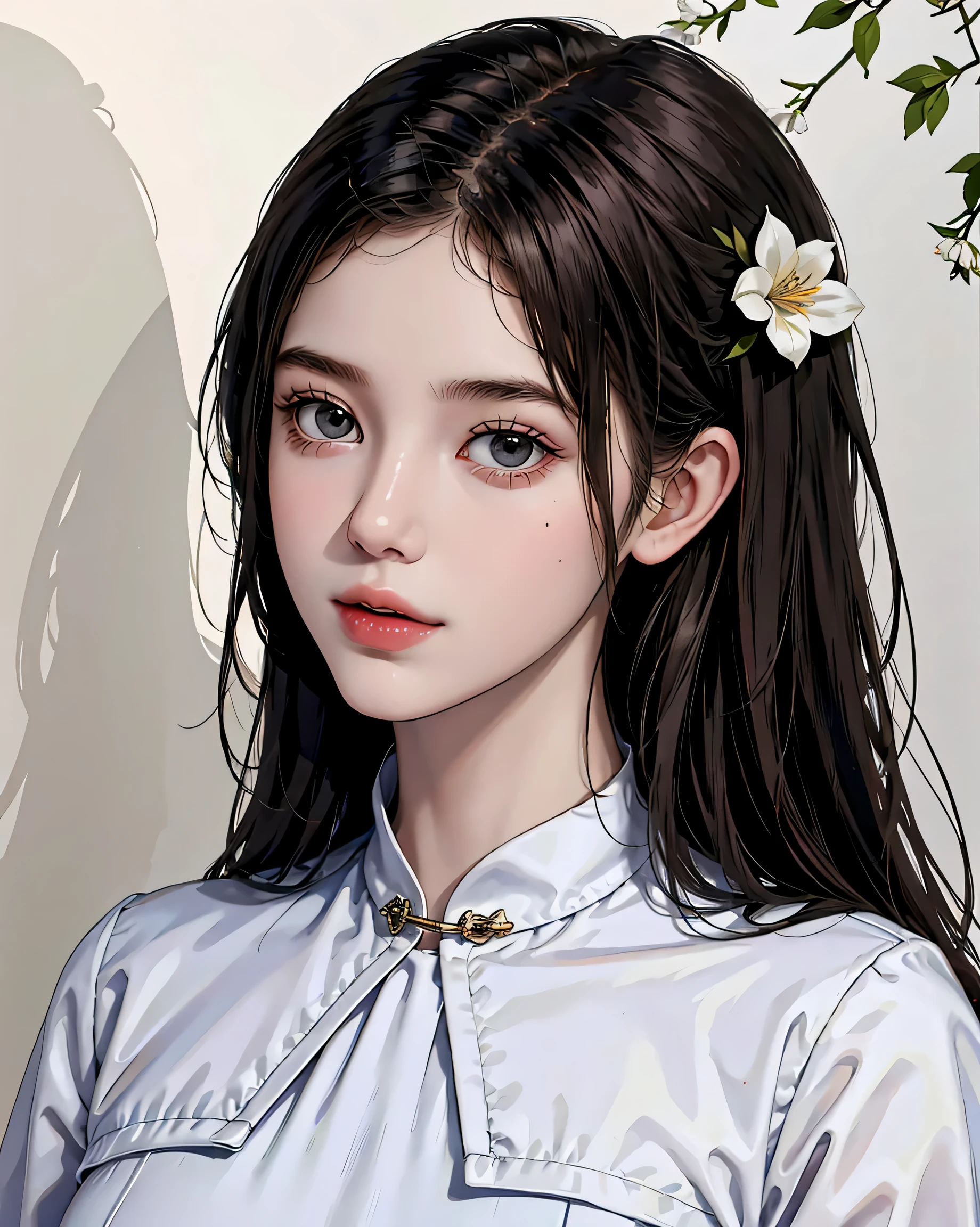 The girl in the ao dai is made of thin silk and cotton fabric., In a long, form-fitting white style、Very fine, The peacock pattern on the front of the shirt is very fine., The girl is standing in a wonderful space with great attention to detail,Large Breasts,Small waist