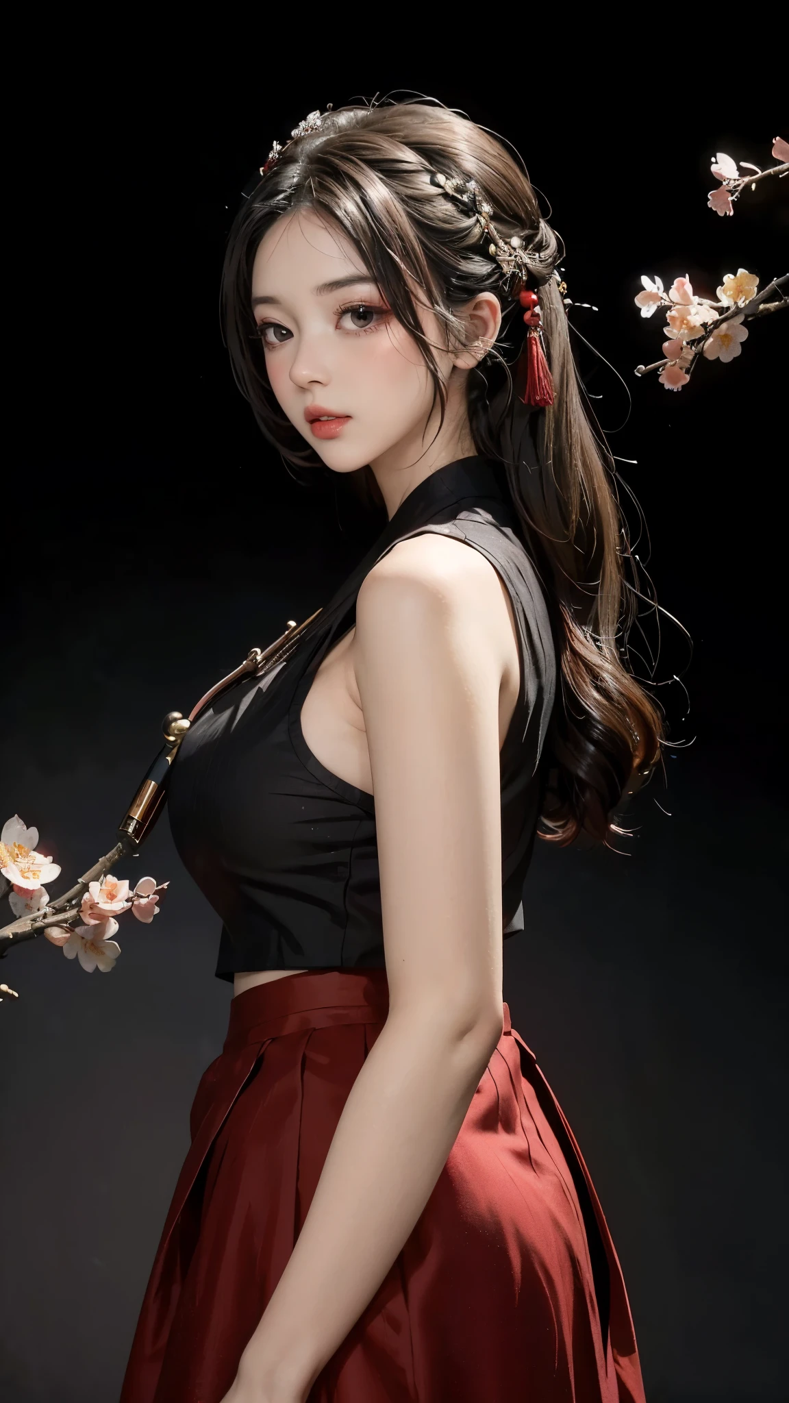 (best quality, 8K, masterpiece: 1.3), ((((((Incredibly huge breasts: 0.8))))), hairpin, (beautiful face:1.3), plum blossom ink painting background,authentic hanbok, Red skirt, The background is a picture(Gray-scale), People are due diligence(colorful)