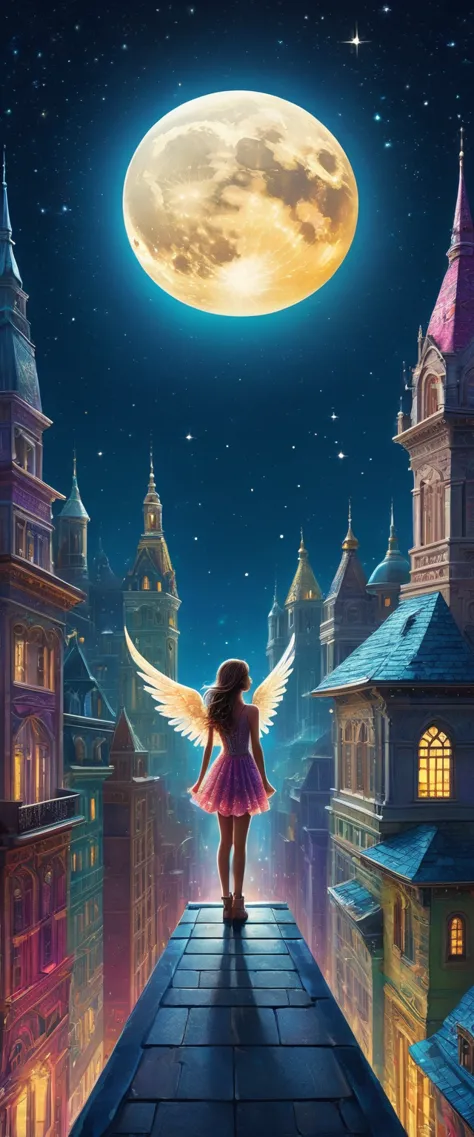 A winged girl standing on the roof of a tall building,Angel:15 years old,The night cityscape spreads out below,Night view,Starry...
