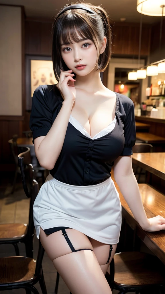 muste piece, best quality, illustration, Super detailed, fine details, High resolution, 8K,wall paper, perfect dynamic composition,(Details High quality, realistic depiction of eyes:1.3), waitress uniform, restaurant, large breasts, short bob hair、black hair color, Big Natural Color Lip, bold sexy pose, crying a little、cold gaze, Harajuku style、20 year old girl、cute type、lolita、beautiful legs, gravure idol, Voluptuous thighs, large hip