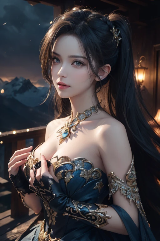 (Skin dents:1.5), Realistic, Realistic, (masterpiece:1.5), Concept Art, Intricate details, Very detailed, Realistic, Octane Rendering, 8K, Unreal Engine, Dynamic pose, highest quality, High resolution, (Realistic Face:1.1), (超Realistic:1.1), ((full_body)), Perfect Eyes,(Shiny skin:1.2), (((Hairstyle))), (((Perfect hands))), (Very detailed background), ((Dynamic Background)), (light), ((Fine grain, High quality eyes, High quality face)), (((flowing Hairstyle))),  amazing, Depth of written boundary, bokeh, 4K, Gothic,  Mountain Background, lightning, Glowing blue iris, At night、Revealing luxury dresses,Full body photo 1.5