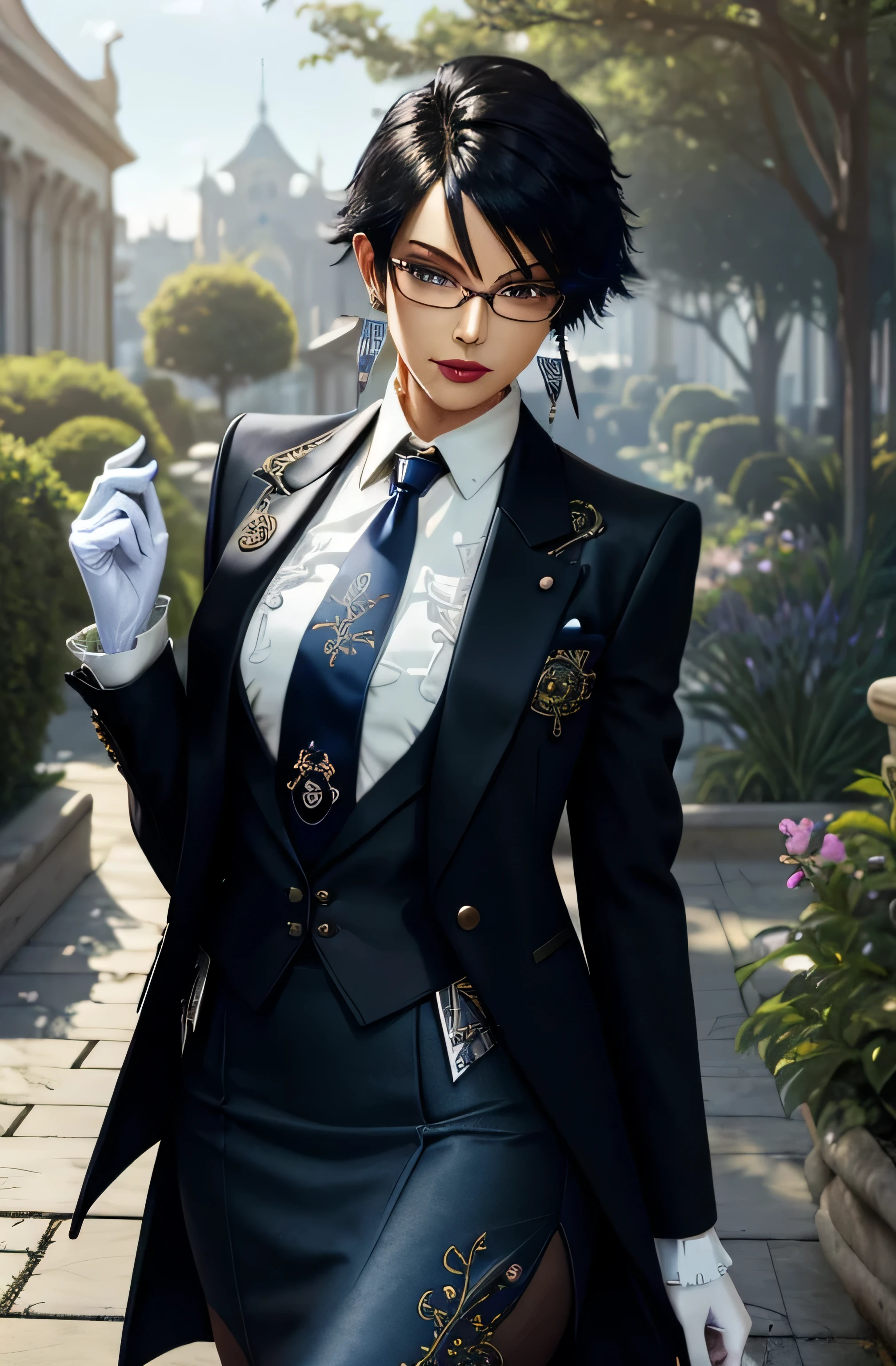 ((masterpiece)),((best quality)),((absurdres)),((ornate)),cowboy_shot,(straight-on),dynamic_pose,bayonetta_2_shorthair_aiwaifu,aiwaifu,black_hair,silver_eyes,jewelry,glasses,earrings,mole_under_mouth,makeup,short_hair,lipstick,lips,gloves,alternate_hair_length,breasts,black-framed_eyewearwhite_gloves,eyeshadow,semi-rimless_eyewear,toned,curvy, narrow waist, solo,mature_female,looking_at_viewer,architecture,garden,stream,outdoors,gradient_sky,twilight,petals,magic,backlighting,light_particles,bokeh, blurry_background,colorful,(highres),(ornate_clothes),(vanishing_point),(dappled_sunlight),(depth_of_field),(scenery),(realistic),(masterpiece), ((skirt suit)), suit and tie, (((three-piece suit))), silk dress shirt, shirt and tie, (((shirt collar))), (((blue necktie))), ((blazer)), ((open blazer)), ((suit jacket)), (((waistcoat with lapel))), (dress shirt with white collar), ((bodycon miniskirt)), (((pencil skirt))), pantyhose, tights, stockings, tie clip, pocket square, tailored suit, (((cufflinks))), beautiful face, european face, (((sassy pose))), (((smug))), sultry, seductive