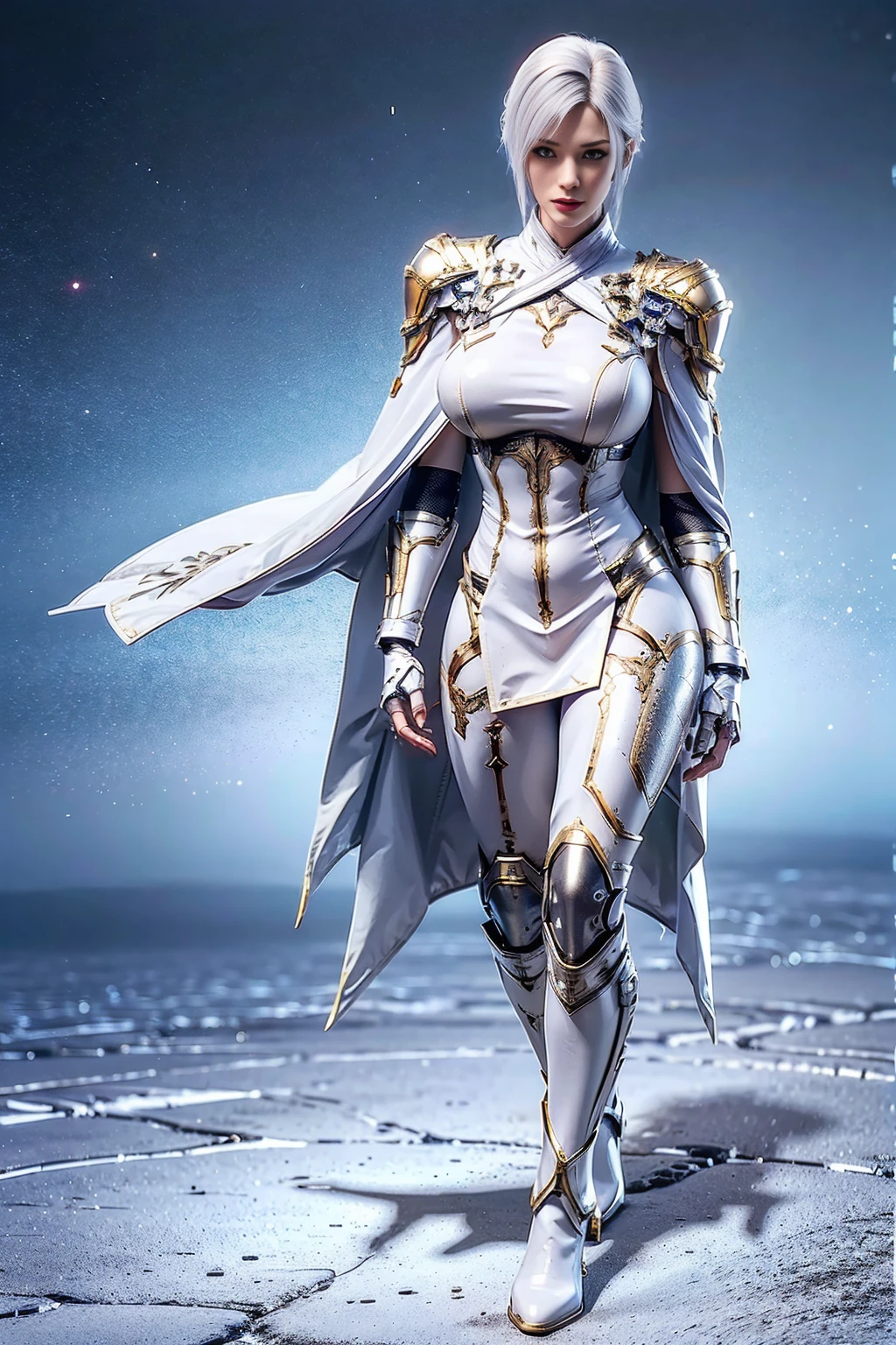 8k, HDR, ultimate-realistic texture, sharp texture, highres, best quality. Futuristic character, Full body, slender, (slim body), tall and fit body, short hair, white hair, wearing mecha armor, body stocking, wearing pants, boots, wearing (knee guard), gloves, pauldron with cape. standing perfectly in the castle.