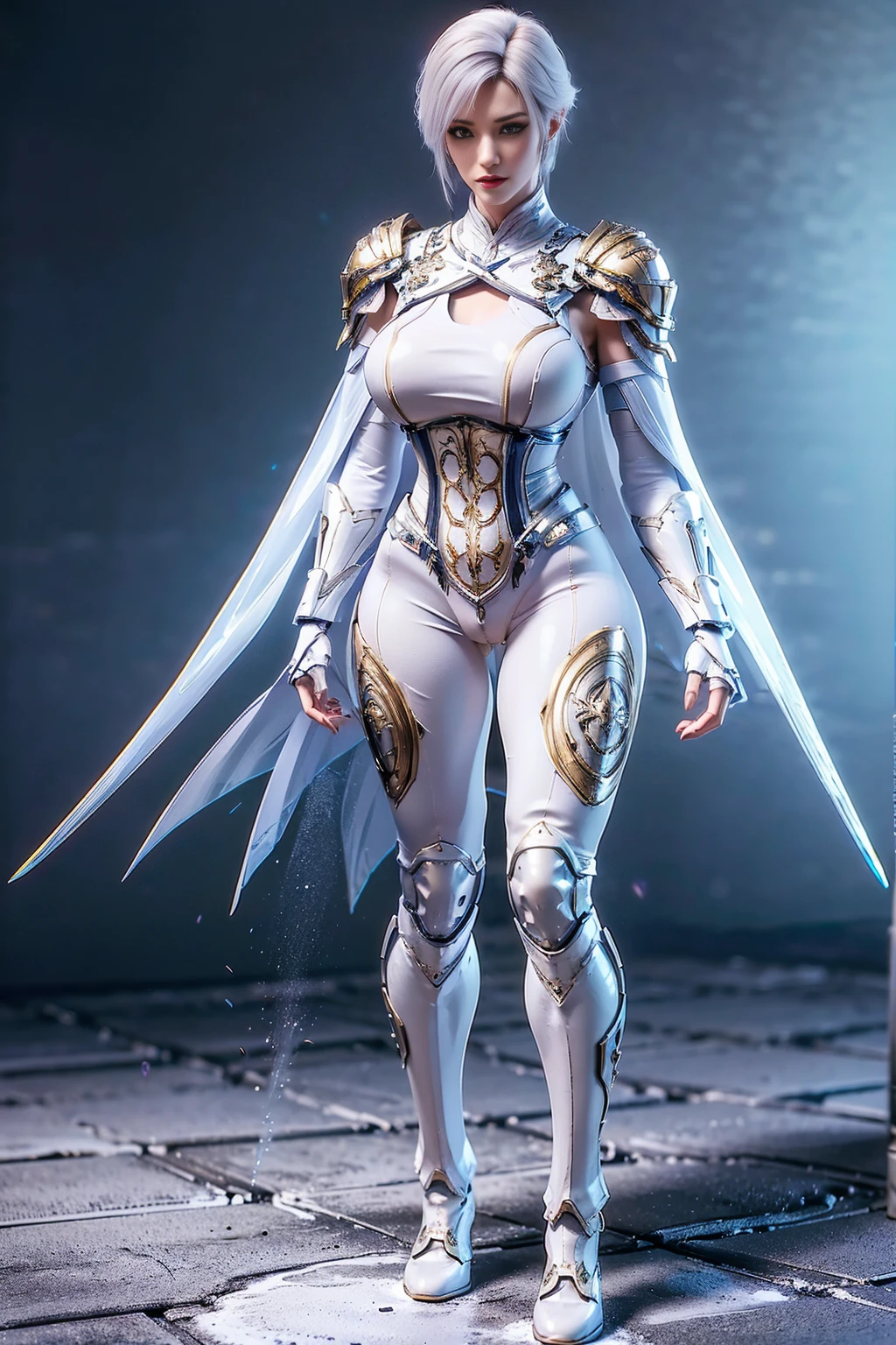 8k, HDR, ultimate-realistic texture, sharp texture, highres, best quality. Futuristic character, Full body, slender, (slim body), tall and fit body, short hair, white hair, wearing mecha armor, body stocking, wearing pants, boots, wearing (knee guard), gloves, pauldron with cape. standing perfectly in the castle.