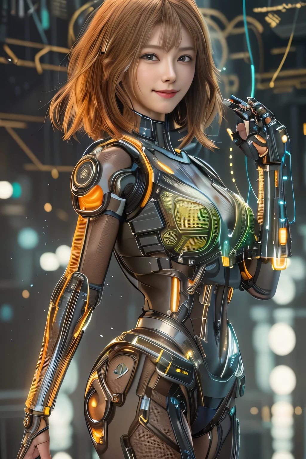 Glowing cyber girl with cybernetic arm,(See-through costume:1.3, )Stand on the post-apocalyptic battlefield.Surrounded by a network of wires. surrounded by circuits. (Cyber girl with a submachine gun:1.3), Shiny light brown and orange striped short hair,Cute Smile,Perfect round face,A bright smile that makes everyone happy,Proper body balance,Tabletop,Ultra-high quality output images,High resolution,Intricate details,Very delicate and beautiful hair,Photo realistic,dream-like,Professional Lighting,Realistic Shadows,Focus Only,Beautiful Hands,Beautiful fingers,Detailed characteristics of the fingers,Detailed garment features,Detailed hair features,Detailed facial features,