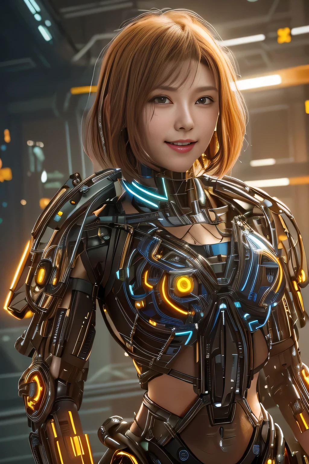 Glowing cyber girl with cybernetic arm,(See-through costume:1.3, )Stand on the post-apocalyptic battlefield.Surrounded by a network of wires. surrounded by circuits. (Cyber girl with a submachine gun:1.3), Shiny light brown and orange striped short hair,Cute Smile,Perfect round face,A bright smile that makes everyone happy,Proper body balance,Tabletop,Ultra-high quality output images,High resolution,Intricate details,Very delicate and beautiful hair,Photo realistic,dream-like,Professional Lighting,Realistic Shadows,Focus Only,Beautiful Hands,Beautiful fingers,Detailed characteristics of the fingers,Detailed garment features,Detailed hair features,Detailed facial features,