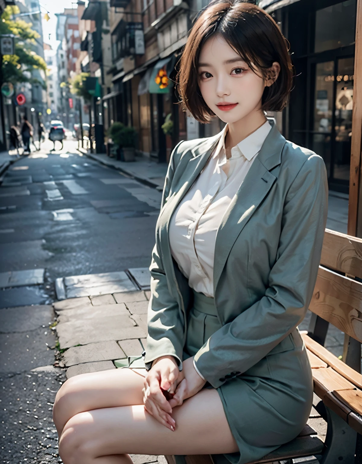 girl, half picture, thick, hourglass figure, sage green color suit, pencil skirt, light lipstick, short hair, real human skin, looking straight at the viewer, happy, on a bench, asian, tall, thicc thighs, wrist watch, ear rings, cute smile, dimples, realistic eyes, realistic lips, get fuck by a man