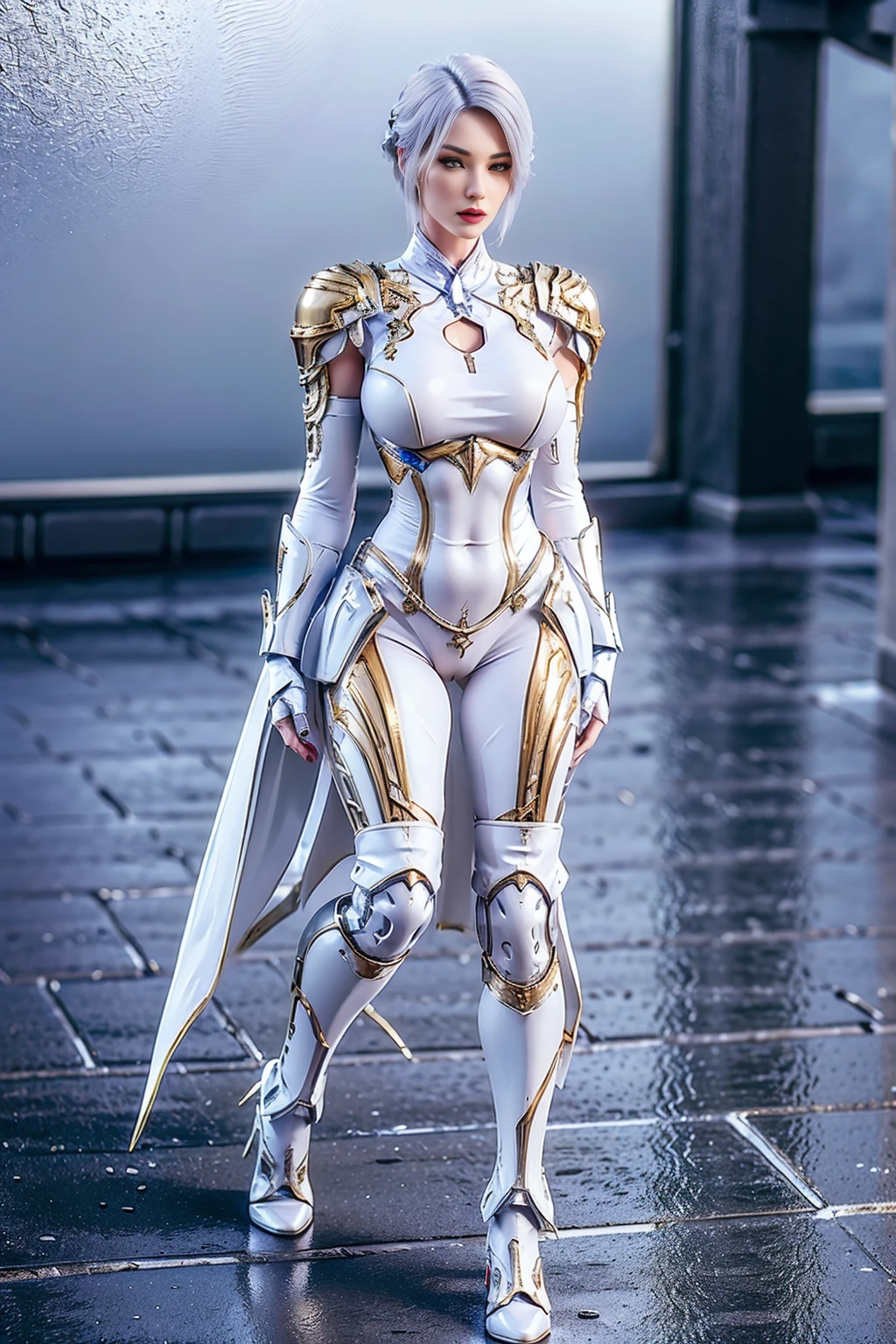 8k, HDR, ultimate-realistic texture, sharp texture, highres, best quality. Futuristic character, Full body, slender, (slim body), tall and fit body, short hair, white hair, wearing gold mecha armor, white body stocking, wearing pants, boots, wearing (knee guard), gloves, pauldron with cape. standing perfectly in the castle.