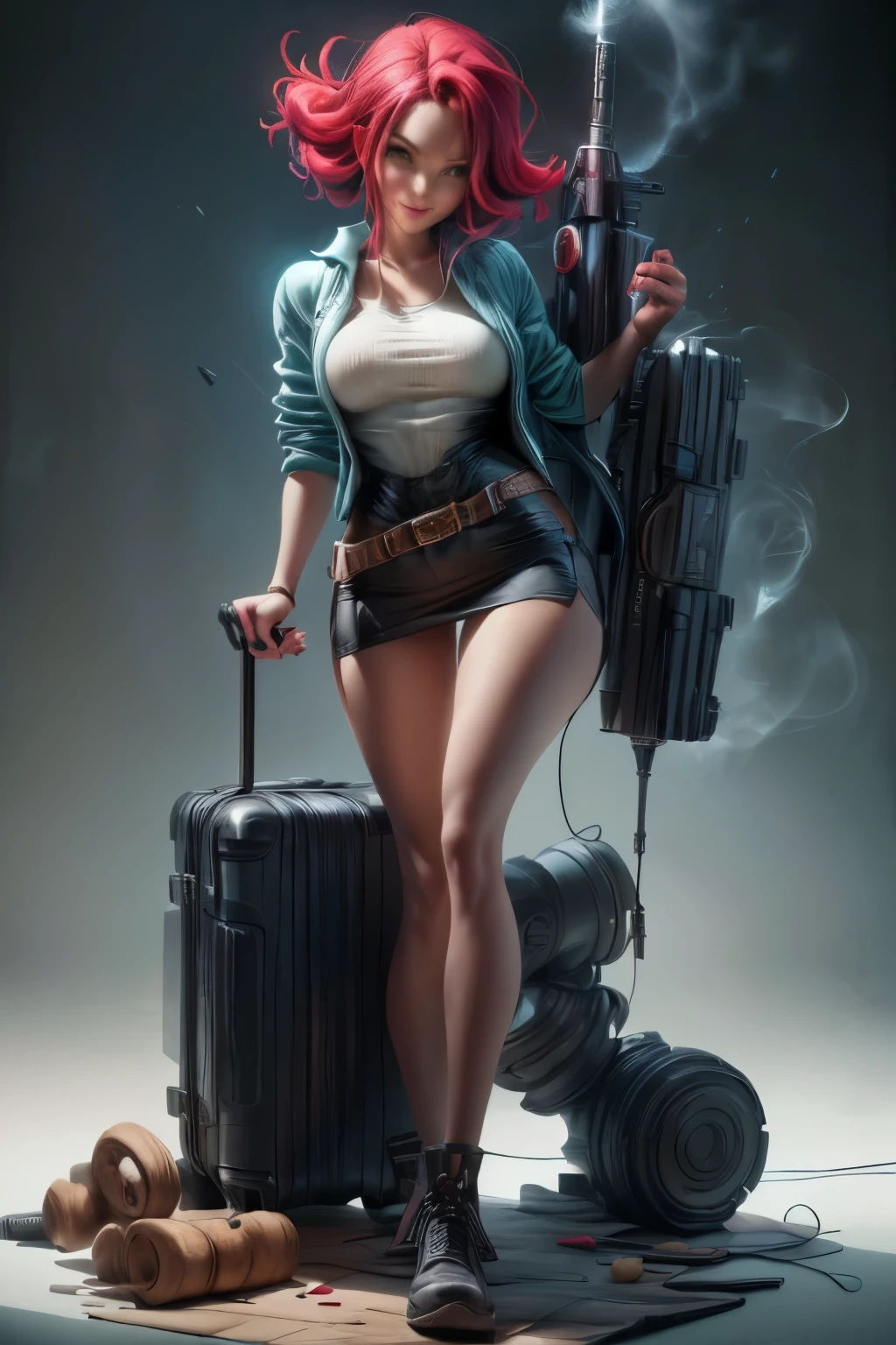 ((Long Shot:1.6)), Unreal Engine:1.4, Ultra-Real CG K, Realistic:1.4, Skin Texture:1.4, ((Artwork 1 Young woman full body:1.5)), ((red hair green eyes, Full lips and a sensual smile:1.5)), Shaved side punk hairstyle, Tattoo, Gatling Gun, box, Looking at the audience, Dynamic pose, blow, Ammunition belt, gloves, big breasts, Shootout, Very detailed:1.4, More detailed, Optical Mix, playful pattern, Animated textures, Unique visual effects, pink leather miniskirt, pink jacket, masterpiece, Background Ruins and scrap metal, ((color, cyan, green, pink, 茶color : 1.2)), ((8K Realistic Digital Art.)), 32k