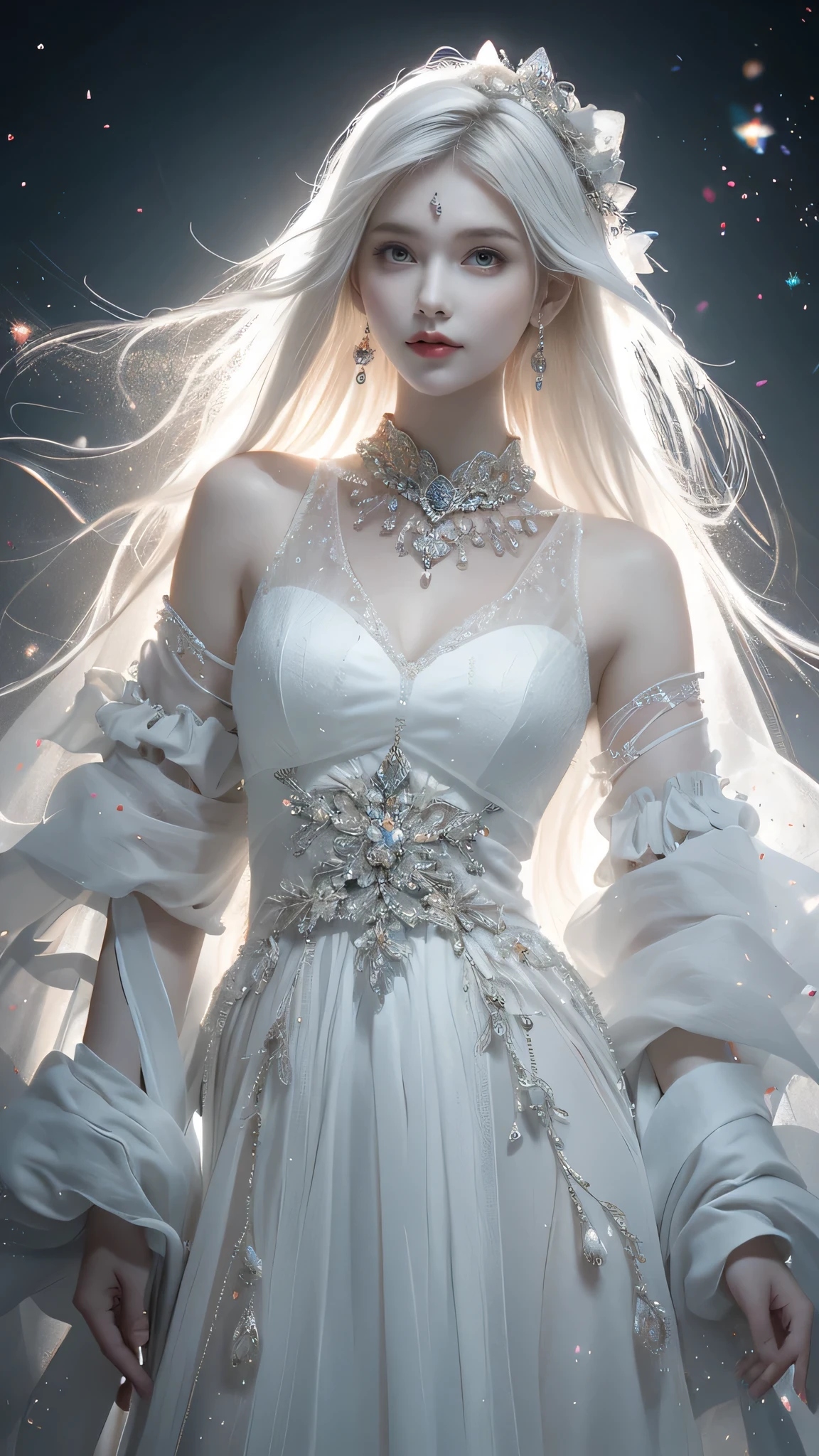 Extremely beautiful girl，Long white hair，Big bright eyes，fair and translucent skin，Red lips，Oval face，Ruddy complexion，Realistic and delicate facial features，crystal necklace，earrings，Exquisite hair accessories，White antique clothes，Rejoice smooth hair，Charming temperament，Extreme details，Realistic detailasterpiece），（best quality），（Super exquisite），（illustration），（Extremely delicate and beautiful），（Dynamic Angle），Neon highlights，Personification，Crystal elements，（Intricate details）（Beautiful and refined eyes），Delicate face，Half-length close-up，Pearl decoration on the head，（cute），focus，（Fantasy wind），White fairy gauze clothes，（Intricate details），20 years old，Clamp style，Clear lineagic Effects，high resolution