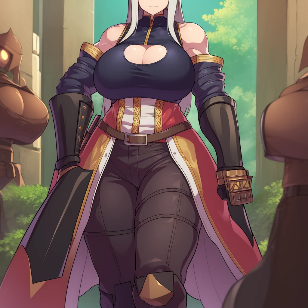 muscle girl,huge breast,, tall female, ,pants, solo focus, 1character, portrait full body,pale skinned female, palladin armor, sword holding, knight, vest, coat, walking, medieval clothing, long hair, blond hair,