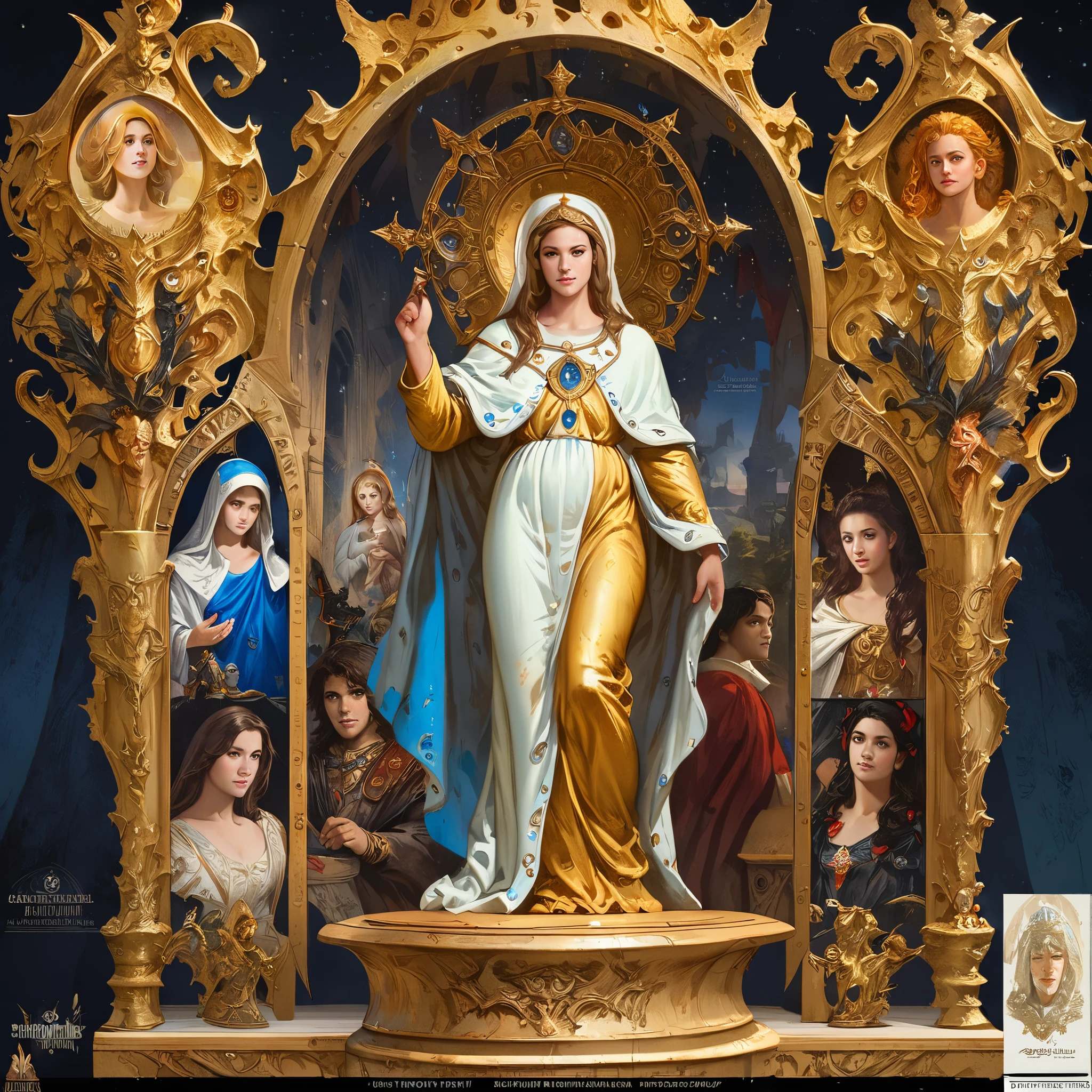 A beautiful ultra-thin Realistic portrait of the Virgin Mary, White outfit with blue details, ((Divinity)), whole body, Biblical, Realistic, Intricate details, Abbott Fuller Graves, Bartolomé Esteban Murillo, JC Leyendecker, Craig Mullins, Peter Paul Rubens, (Caravaggio), Art Station Trends, 8k, Concept Art, Fantasy art, PhotoRealistic, Realistic, figure, oil, Surrealism, HyperRealistic, brush brush, Digital Art, style, watercolor