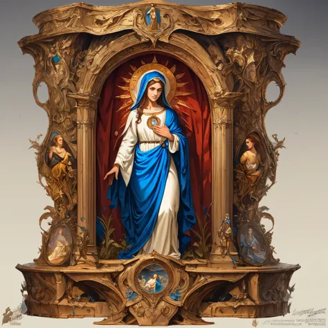 A beautiful ultra-thin Realistic portrait of the Virgin Mary, White outfit with blue details, ((Divinity)), whole body, Biblical, Realistic, Intricate details, Abbott Fuller Graves, Bartolomé Esteban Murillo, JC Leyendecker, Craig Mullins, Peter Paul Ruben...