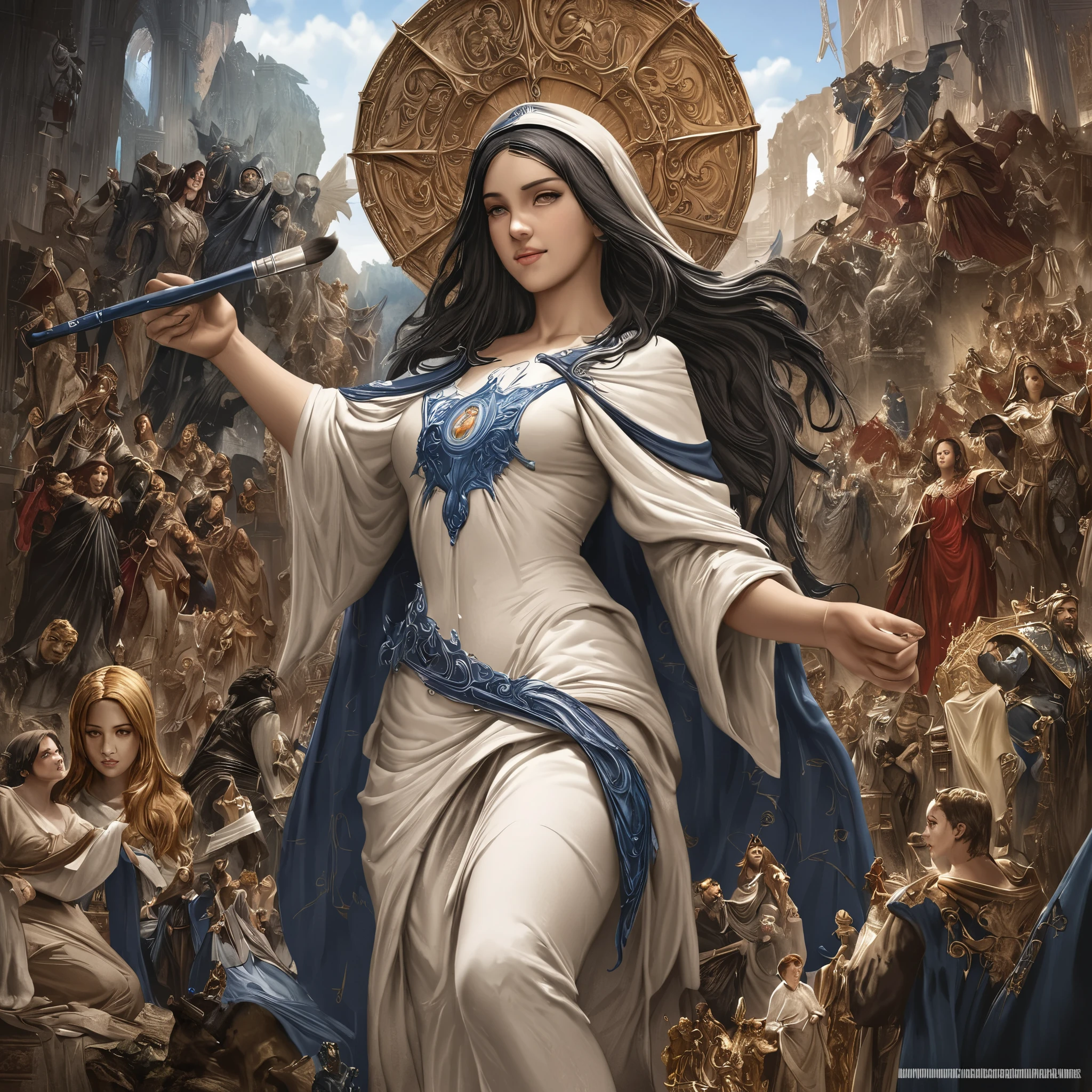 A beautiful ultra-thin Realistic portrait of the Virgin Mary, White outfit with blue details, ((Divinity)), whole body, Biblical, Realistic, Intricate details, Abbott Fuller Graves, Bartolomé Esteban Murillo, JC Leyendecker, Craig Mullins, Peter Paul Rubens, (Caravaggio), Art Station Trends, 8k, Concept Art, Fantasy art, PhotoRealistic, Realistic, figure, oil, Surrealism, HyperRealistic, brush brush, Digital Art, style, watercolor