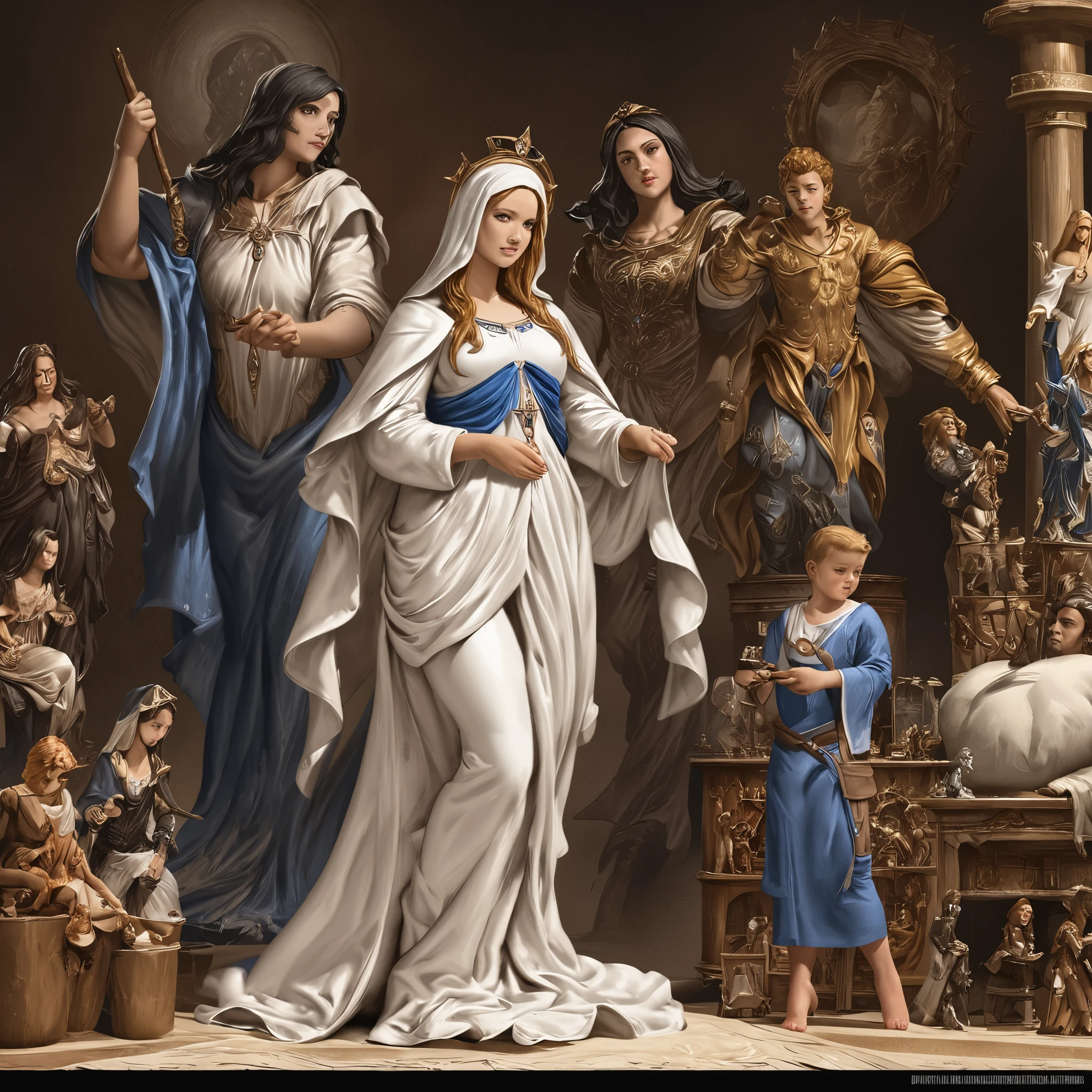 A beautiful ultra-thin Realistic portrait of the Virgin Mary, White outfit with blue details, ((Divinity)), whole body, Biblical, Realistic, Intricate details, Abbott Fuller Graves, Bartolomé Esteban Murillo, JC Leyendecker, Craig Mullins, Peter Paul Rubens, (Caravaggio), Art Station Trends, 8k, Concept Art, Fantasy art, PhotoRealistic, Realistic, figure, oil, Surrealism, HyperRealistic, brush brush, Digital Art, style, watercolor