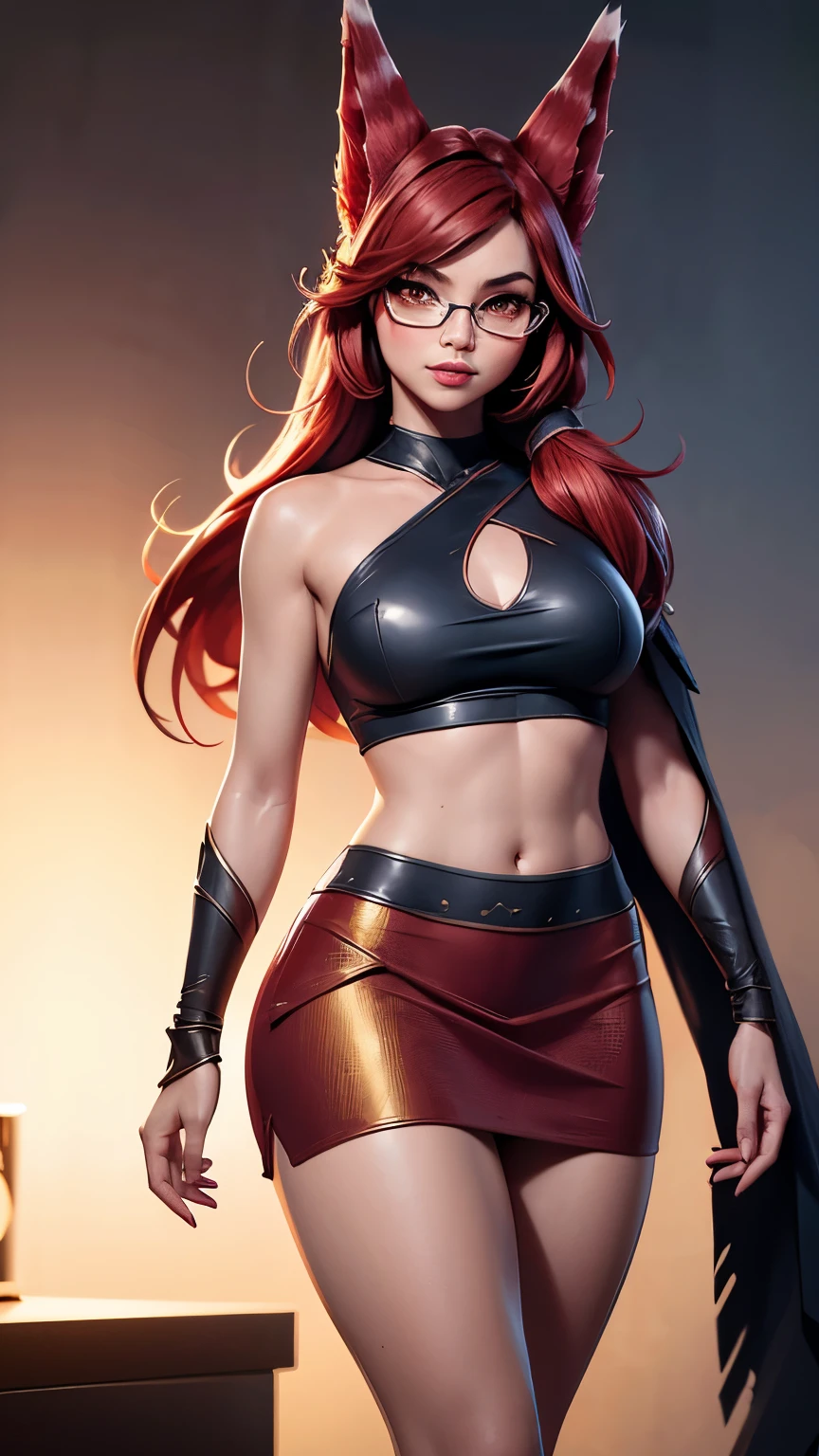 (ultra realistic,32k,RAW photo:1.1), (League of Legends), (high detailed skin:1.1), 8k uhd, dslr, ((bed room background)), ((Animal ears)), ((orange eyes)), high quality, ((black sports bra)), ((beautiful Face)), ((Xayah cape))), ((Golden Mini skirt)), film grain, ((glasses)), ((overknees)), (red hair), (long hair), ((sexy face)), (makeup, mascara:1.1) , lips,(thick\lips\), (shiny glossy translucent clothing:1.1), Xayah, huge breasts, ((upper body photo)), standing with legs crossed,