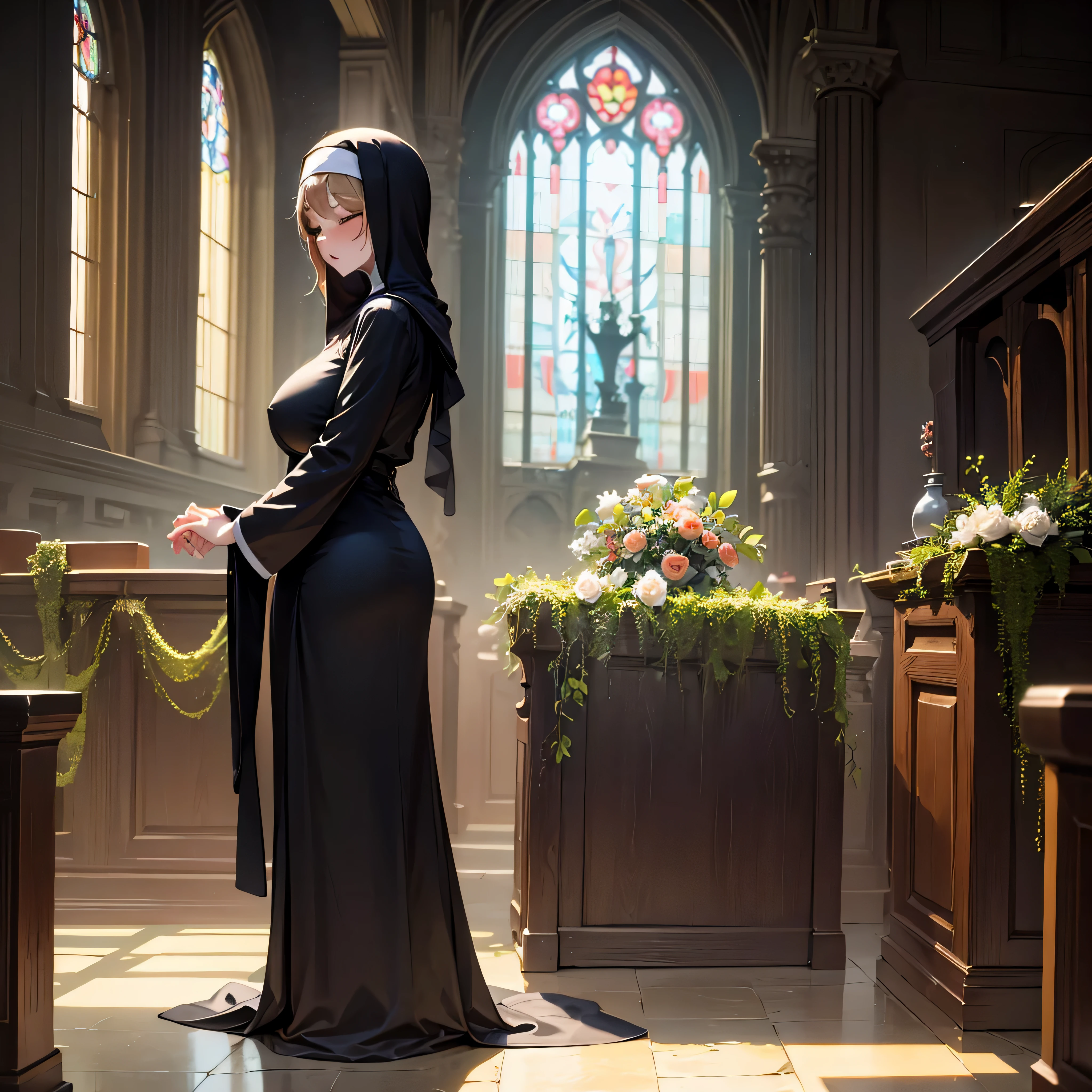 (solo:1.2), (1 praying skinny cute nun:1.3) standing in church, swinging back, (praying with holding hands together over chest:1.2), (tight sheer long black robe:1.6), narrow shoulders, (disproportionately gigantic breasts:1.3), (bursting perky breasts:1.3), (inconceivably narrow waist), too short torso, skinny long legs, closing eyes, nose blush, open mouth, (heavy breathing:1.3), stained glass in distance, full body, 8k, ultra-detailed, masterpiece, beautiful detailed hair, orgasm