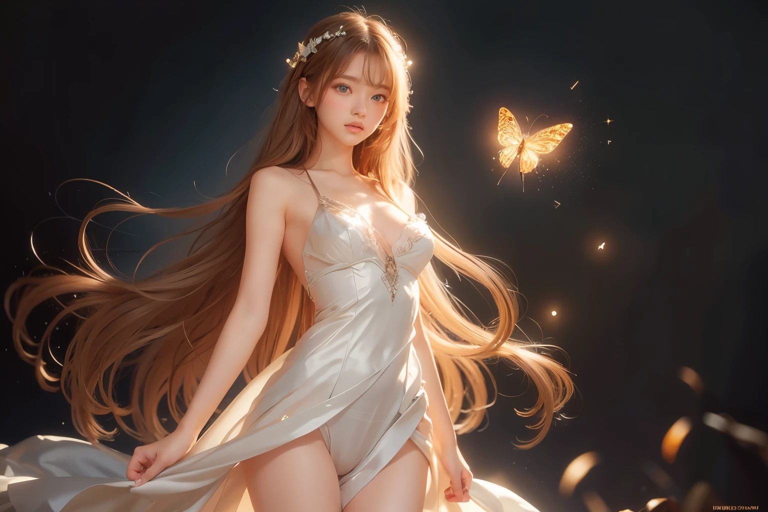 1 girl, masterpiece, very detailed, ((cinematic lighting)), (shine), ((dramatic lighting)), ((beautiful delicate shine)), intricate details, Lens flare, blonde, long hair, colorful dresses, butterfly hair ornament, butterfly, (particles of light), turn your arms behind your back, medium chest, [take up], cowboy shot, light smile, green eyes, church, Stained glass, Spotlight, dark background, floating hair, floating hair, looking at the viewer,((colorful))