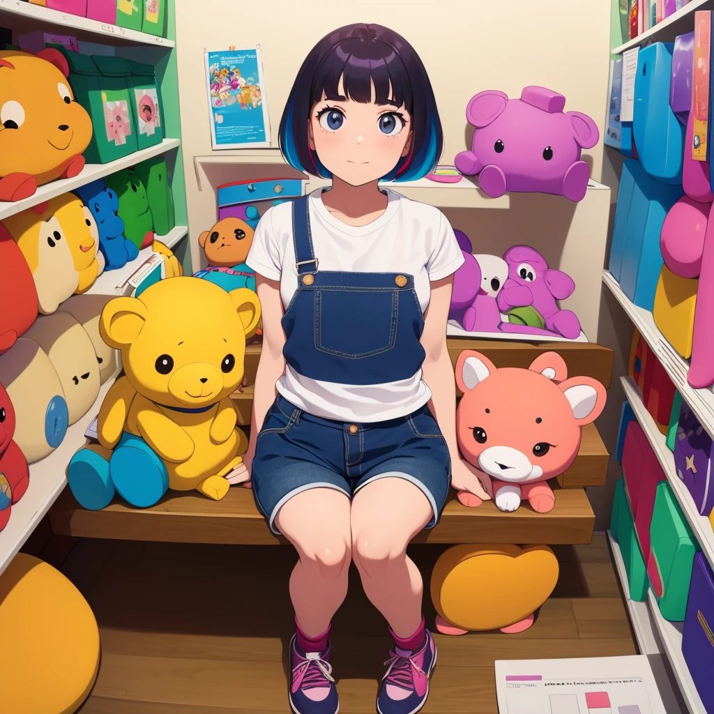 (obra de arte, melhor qualidade), (colorida:1.4), de cima, Sozinho, Dora, a exploradora, sitting on the floor of a store with lots of stuffed animals on the shelves, profundidade de campo,Full head, regata,bonitinho,hot pants