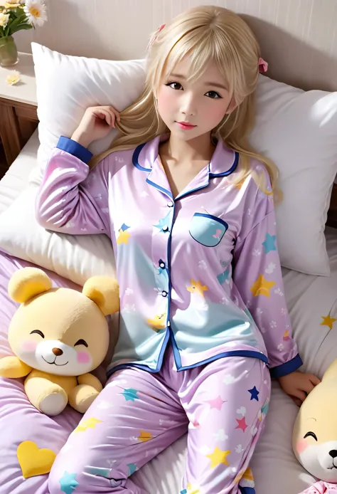 (masterpiece, best quality:1.2), 1 Blonde little Loli alone，Perfect breasts，,Cute Pajamas,Sleeping in bed