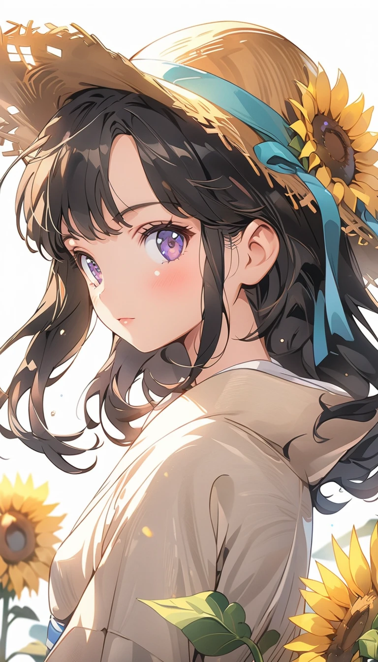 Anime girl with long black hair wearing a straw hat, Small breasts, Anime Style 4k, beautiful anime portrait, Anime Moe Art Style, anime art wallpaper 4k, anime art wallpaper 4k, High quality anime art style, Anime style portrait, Gweitz, artwork in the style of Gweitz, Detailed digital anime art, Anime Art Wallpapers 8K, Cute Anime Girl Portrait, Sunflower field, whole body