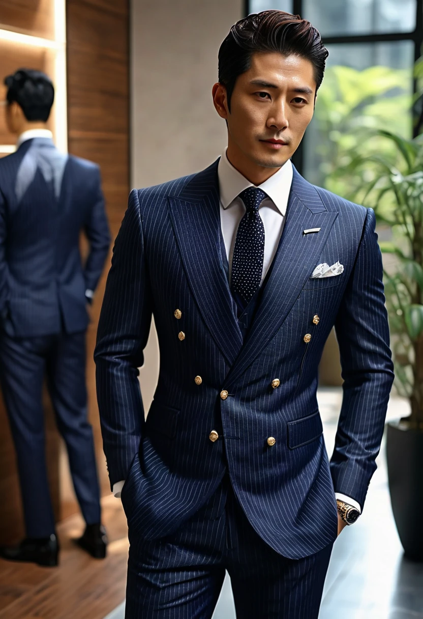 30-year-old refreshing and handsome new employee、（Super handsome guy in S-class suit）、Japanese 30-year-old man、　merchant、　ultra luxury suit、　striped suit、　office、　S class young handsome man standing in suit、（The photos are real）、（（top quality））、Super detailed、　（masterpiece）、　Ultra high quality、　High、　gentleman、（masterpiece）、　Ultra high quality、　High、　gentleman、0very beautiful hair、　bright photos、　As handsome as a model、　As handsome as an idol、　luxury watches.